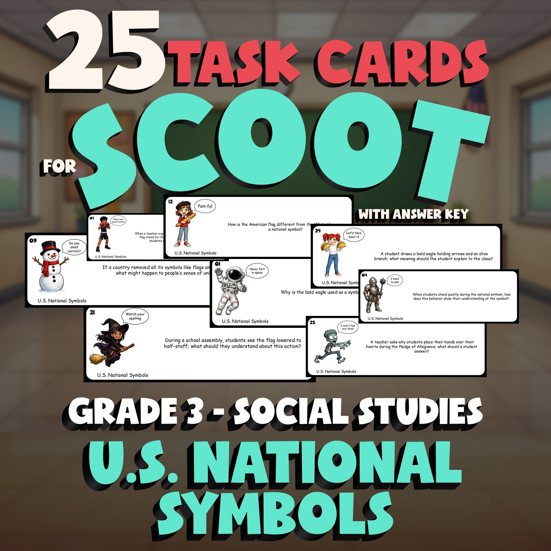 U.S. National Symbols SCOOT TASK CARDS Socials Game - No Prep Grade 3 Review