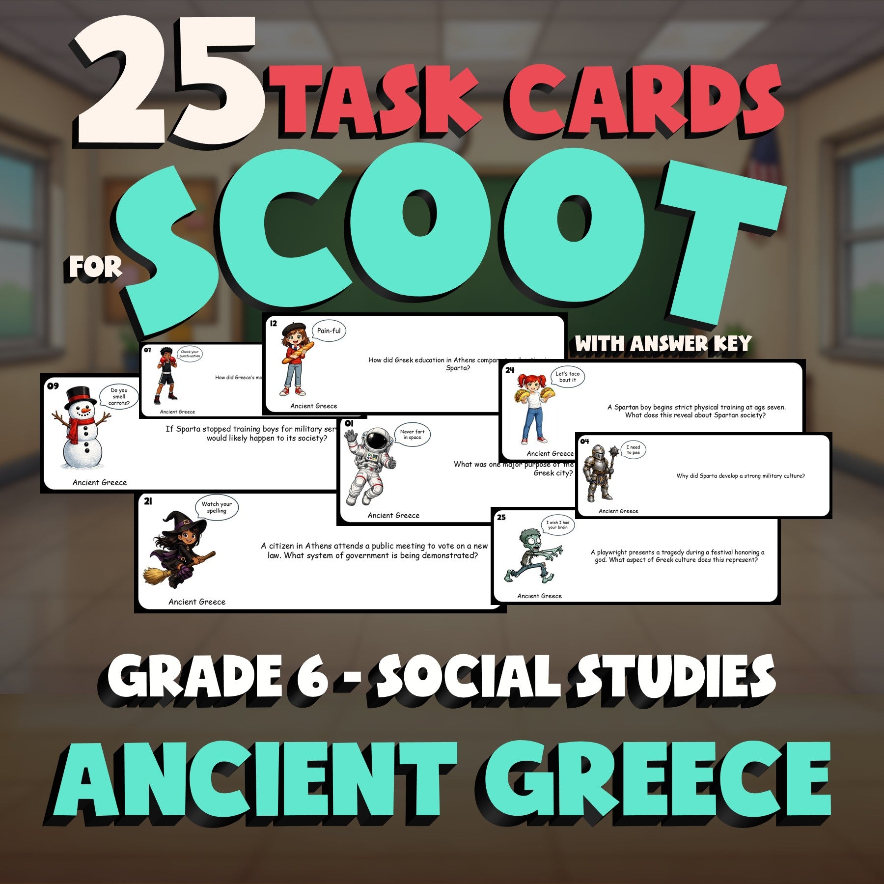 Ancient Greece SCOOT TASK CARDS Socials Game - No Prep Grade 6 Review Activity