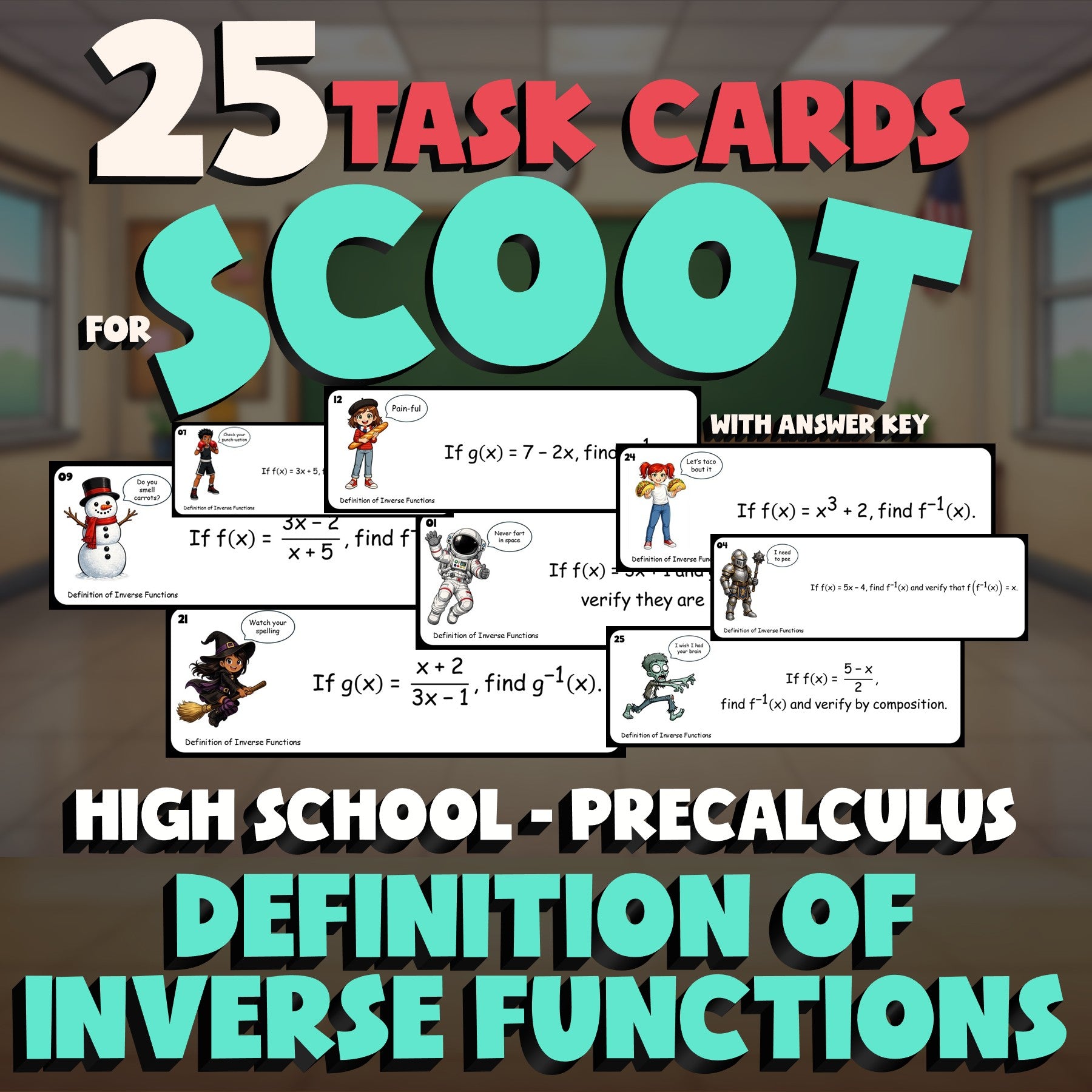 Definition of Inverse Functions SCOOT TASK CARDS Math Game - No Prep PreCalculus