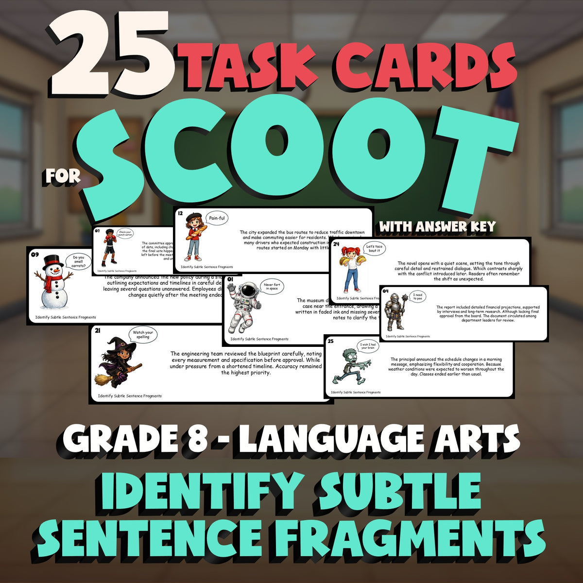 Identify Subtle Sentence Fragments SCOOT TASK CARDS ELA Game - No Prep Grade 8