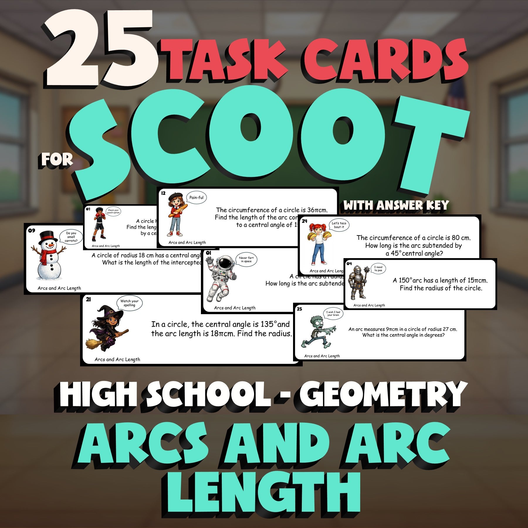 Arcs and Arc Length SCOOT TASK CARDS Math Game - No Prep Geometry Review