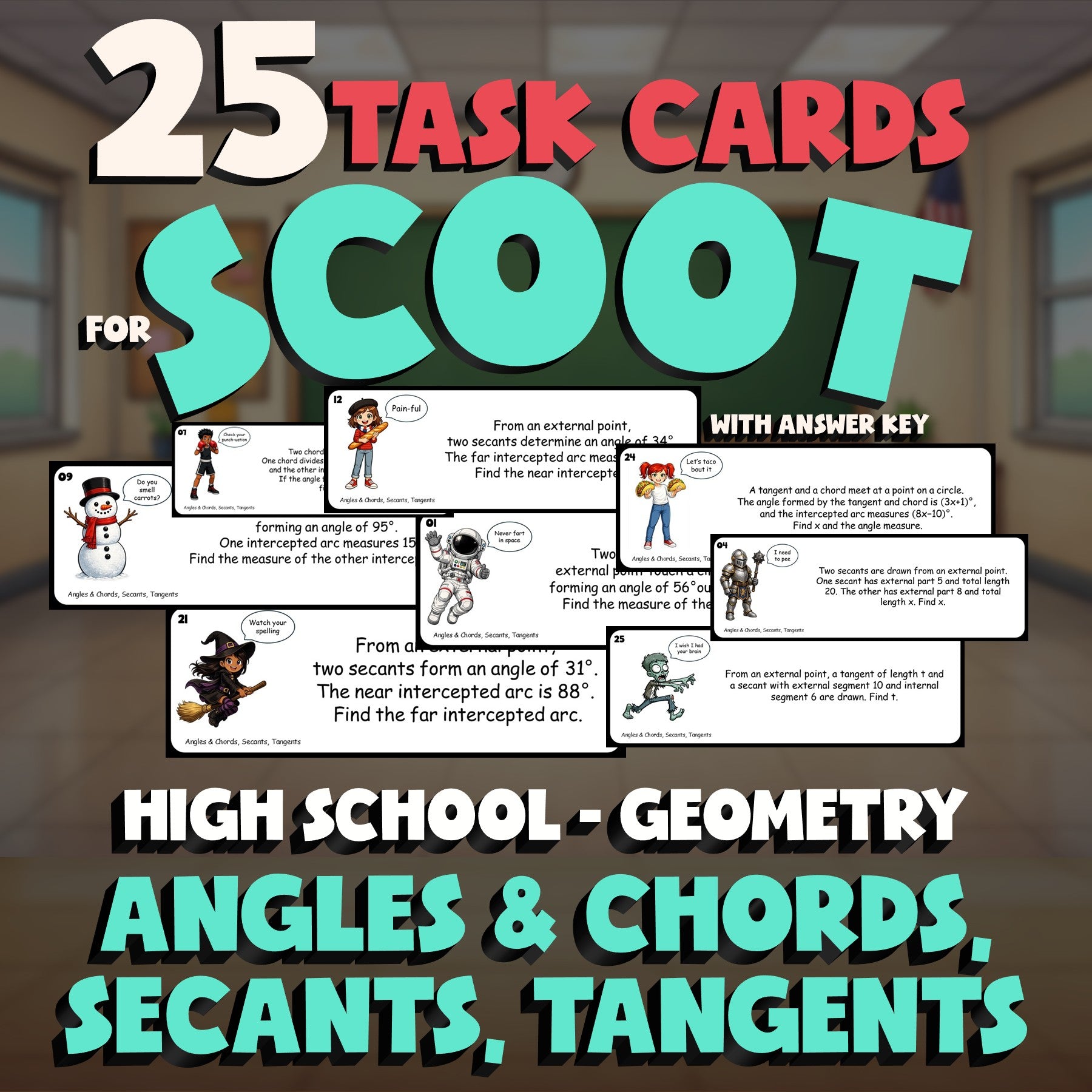Angles & Chords, Secants, Tangents SCOOT TASK CARDS Math Game - No Prep Geometry