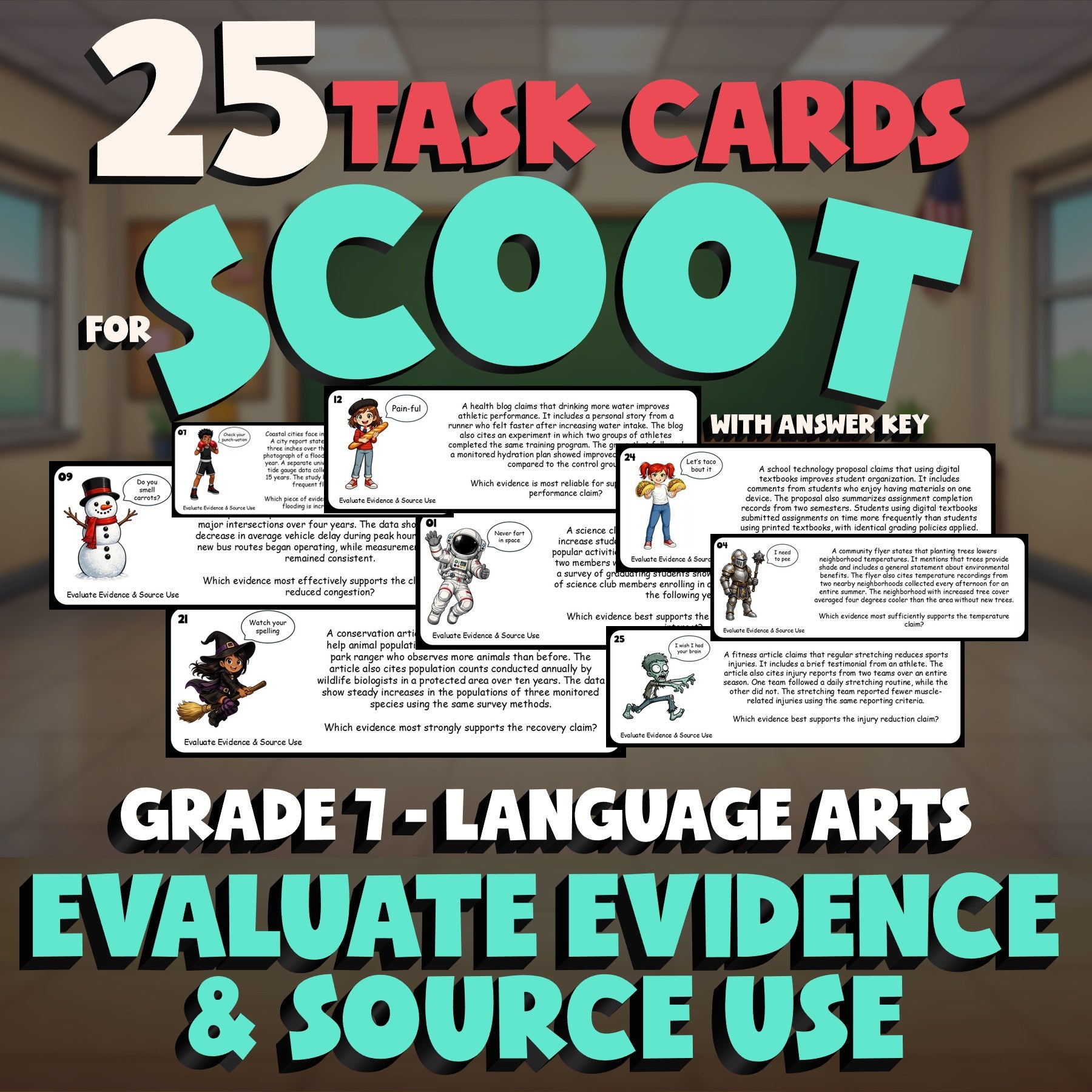 Evaluate Evidence & Source Use SCOOT TASK CARDS ELA Game - No Prep Grade 7