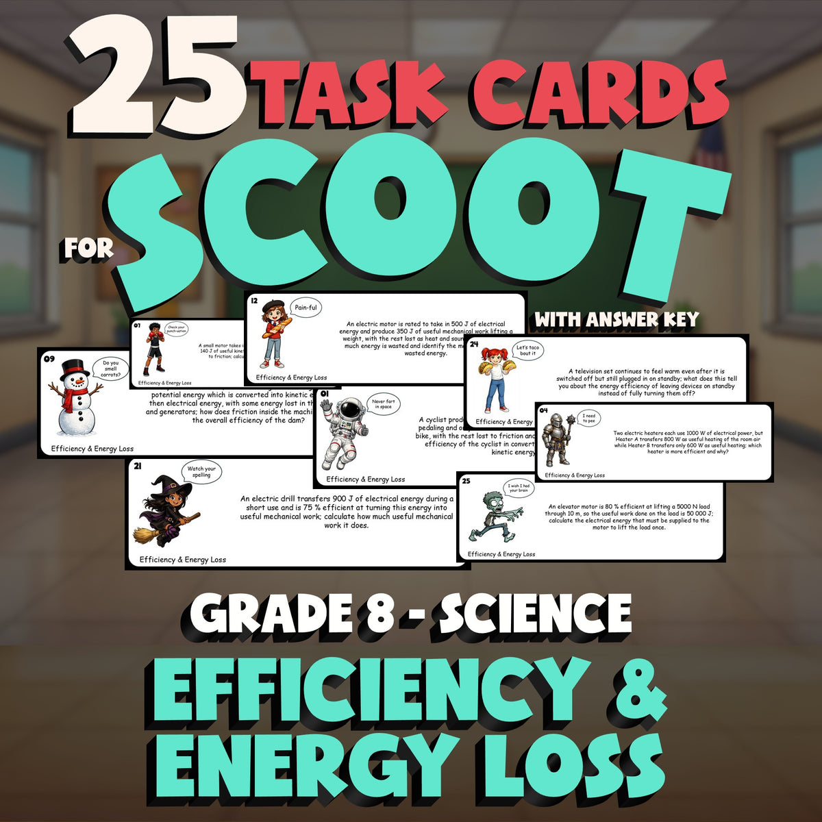 Efficiency & Energy Loss SCOOT TASK CARDS Science Game - No Prep Grade 8 Review