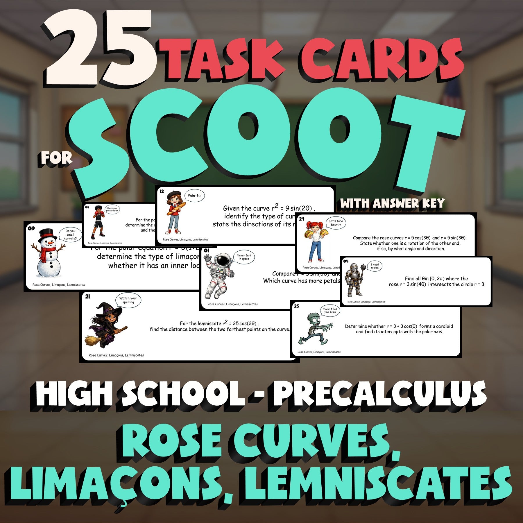 Rose Curves, Limaçons, Lemniscates SCOOT TASK CARDS Math Game - PreCalculus