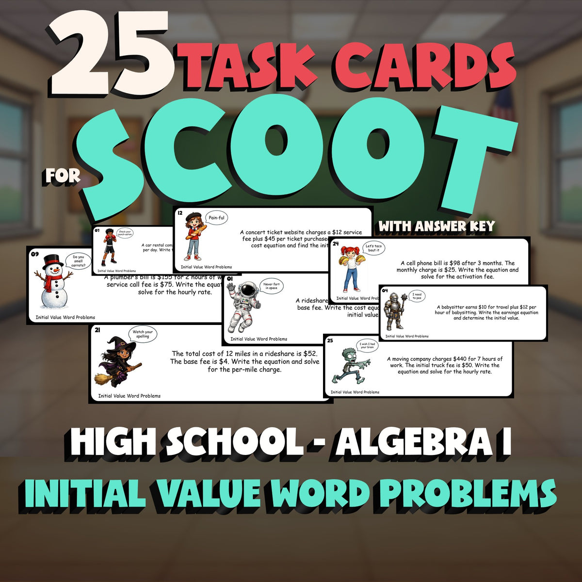 Initial Value Word Problems SCOOT TASK CARDS Math Game - No Prep Algebra 1