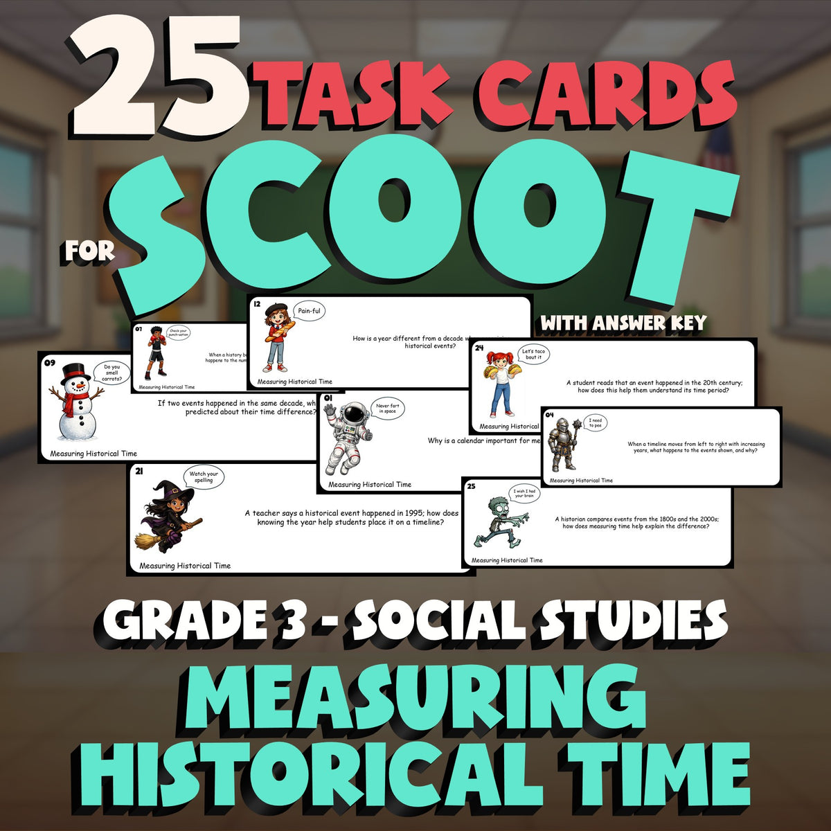 Measuring Historical Time SCOOT TASK CARDS Socials Game - No Prep Grade 3 Review