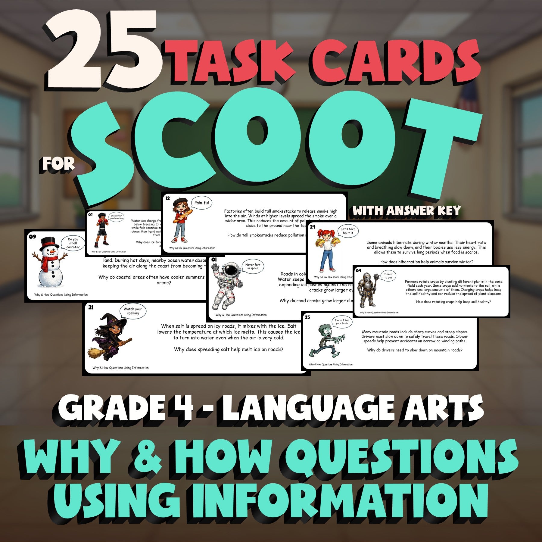 Why & How Questions Using Information SCOOT TASK CARDS ELA Game - Grade 4
