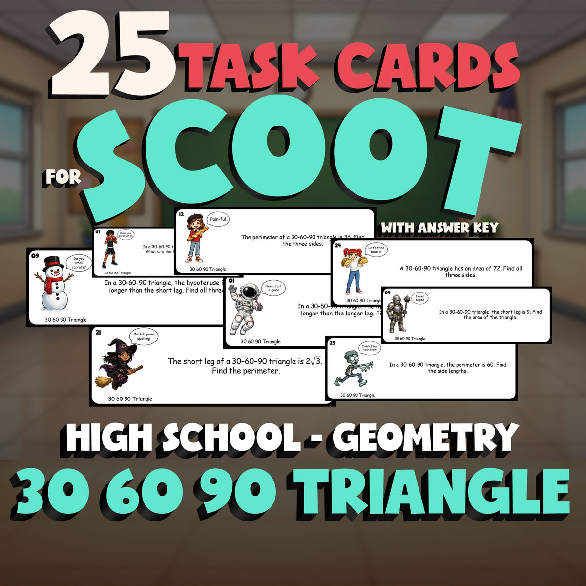 30 60 90 Triangle SCOOT TASK CARDS Math Game - No Prep Geometry Review Activity