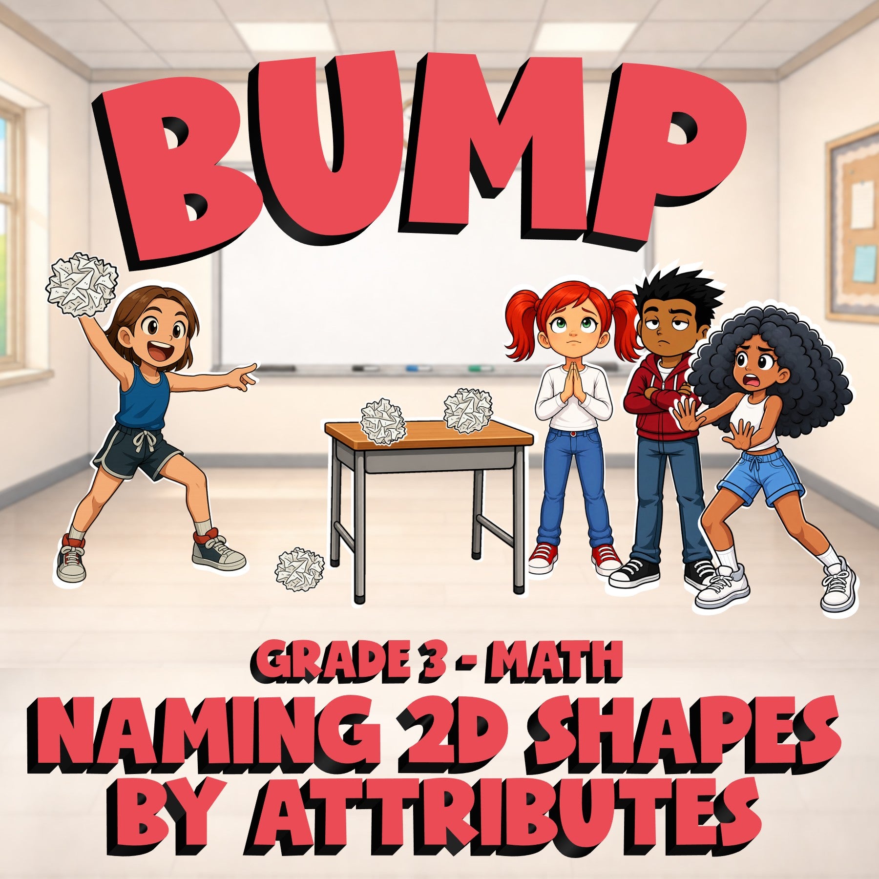 Naming 2D Shapes by Attributes BUMP Math Game - No Prep Grade 3 Review Activity