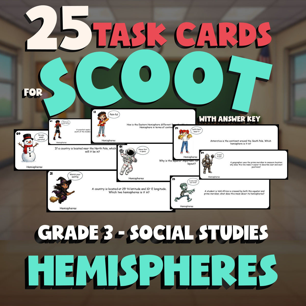 Hemispheres SCOOT TASK CARDS Socials Game - No Prep Grade 3 Review Activity