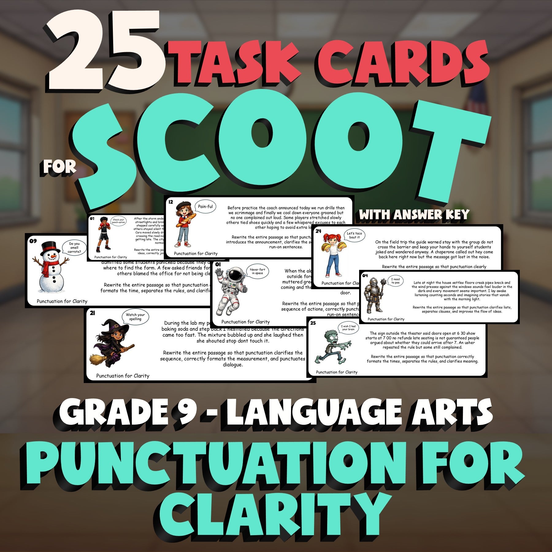 Punctuation for Clarity SCOOT TASK CARDS ELA Game - No Prep Grade 9 Review