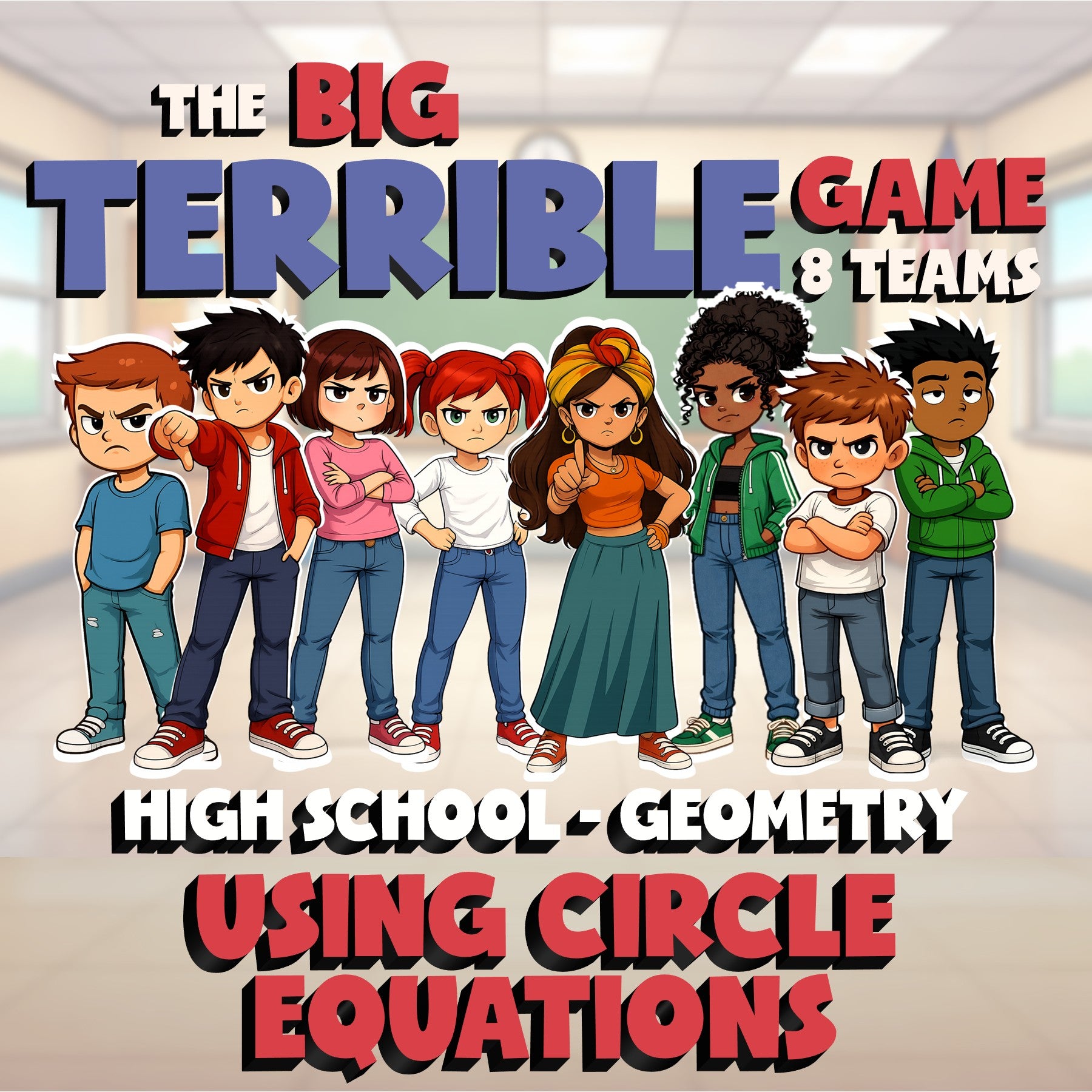 Using Circle Equations BIG TERRIBLE GAME - No Prep Geometry Math Review Activity