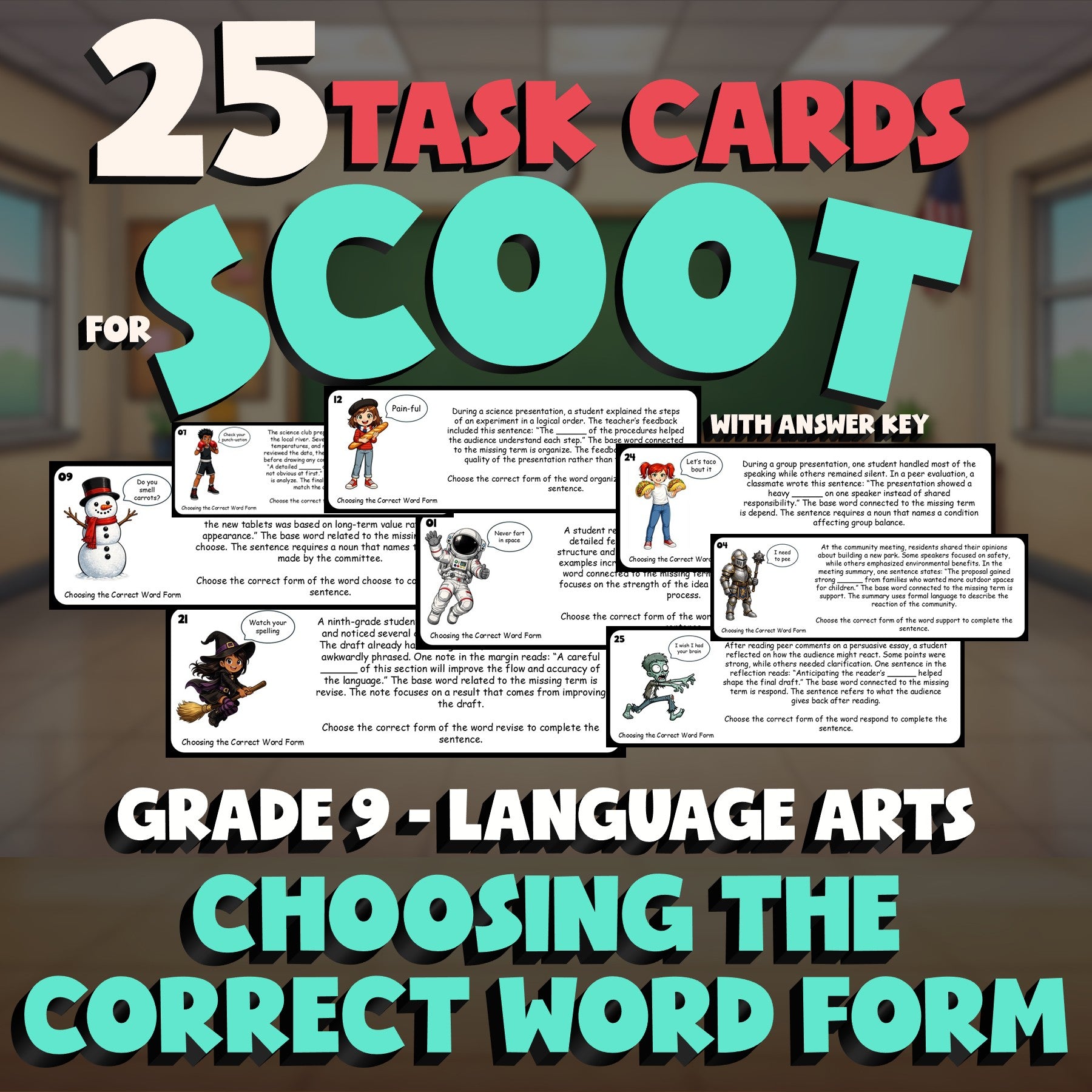 Choosing the Correct Word Form SCOOT TASK CARDS ELA Game - No Prep Grade 9