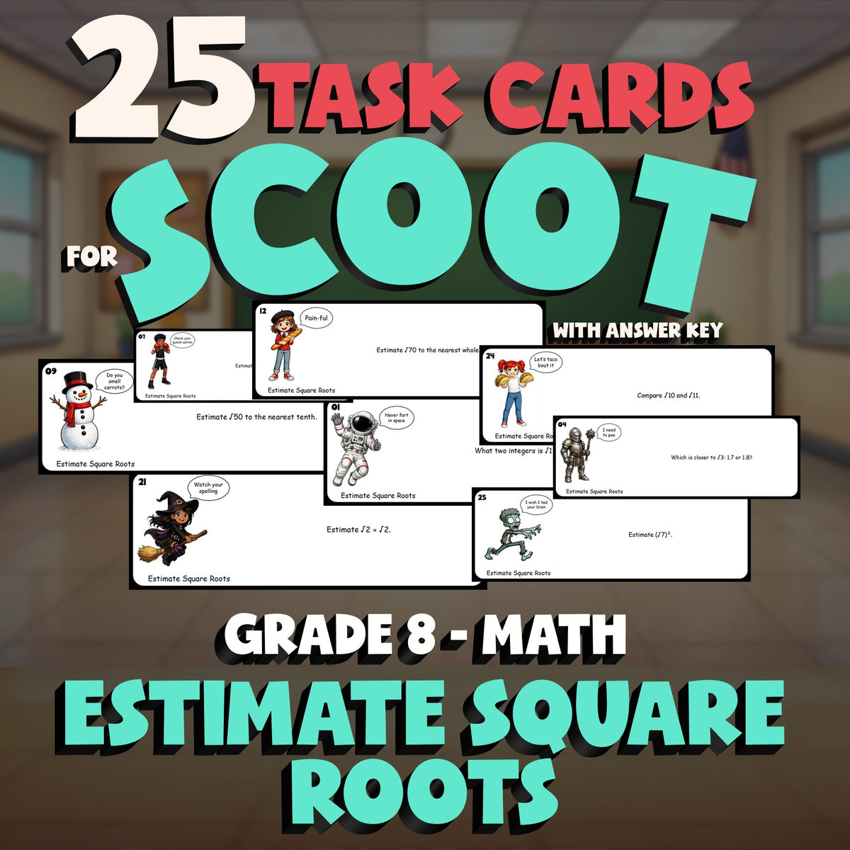 Estimate Square Roots SCOOT TASK CARDS Math Game - No Prep Grade 8 Review