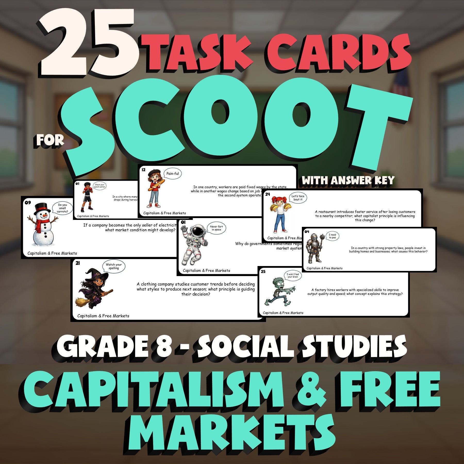 Capitalism & Free Markets SCOOT TASK CARDS Socials Game - No Prep Grade 8 Review