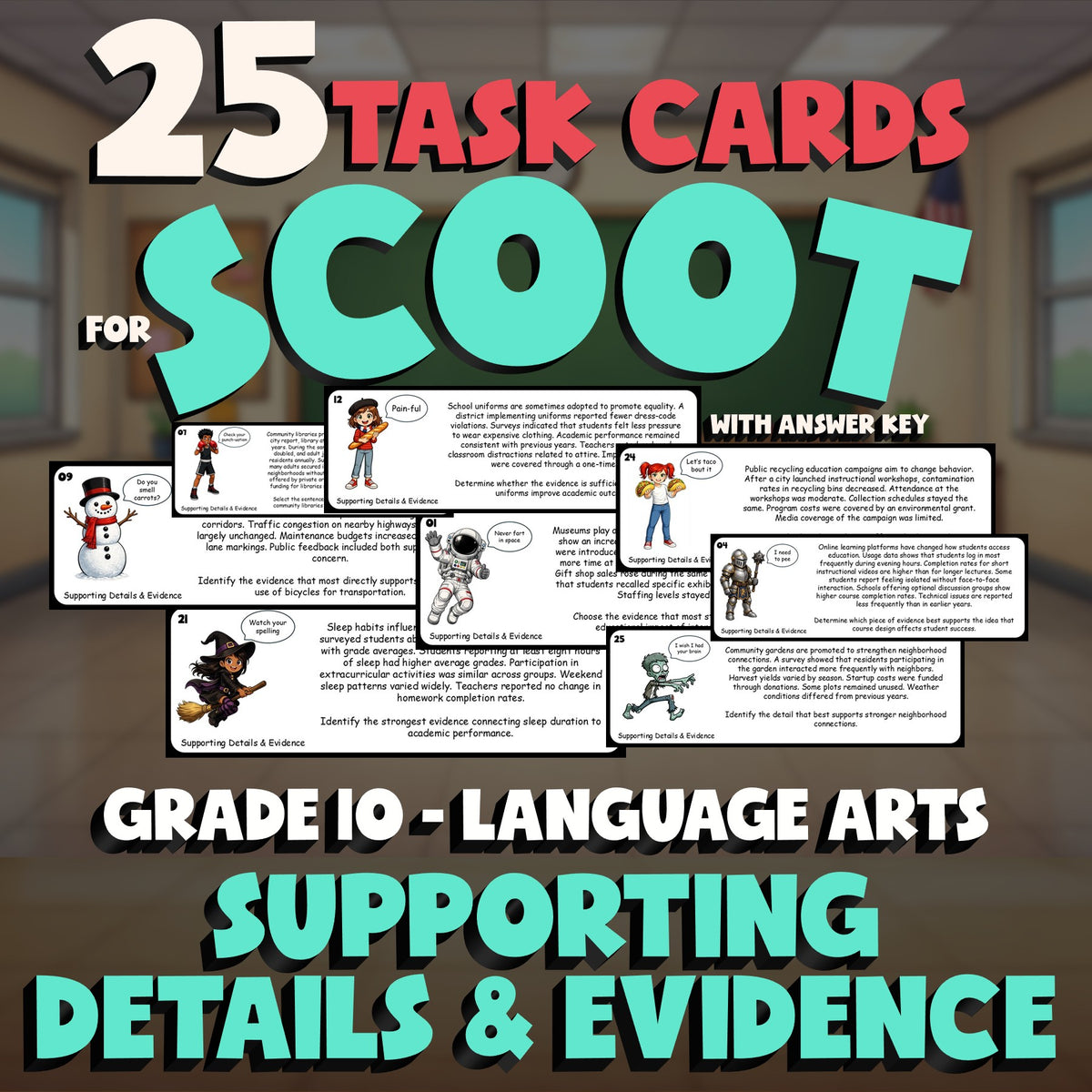 Supporting Details & Evidence SCOOT TASK CARDS ELA Game - No Prep Grade 10
