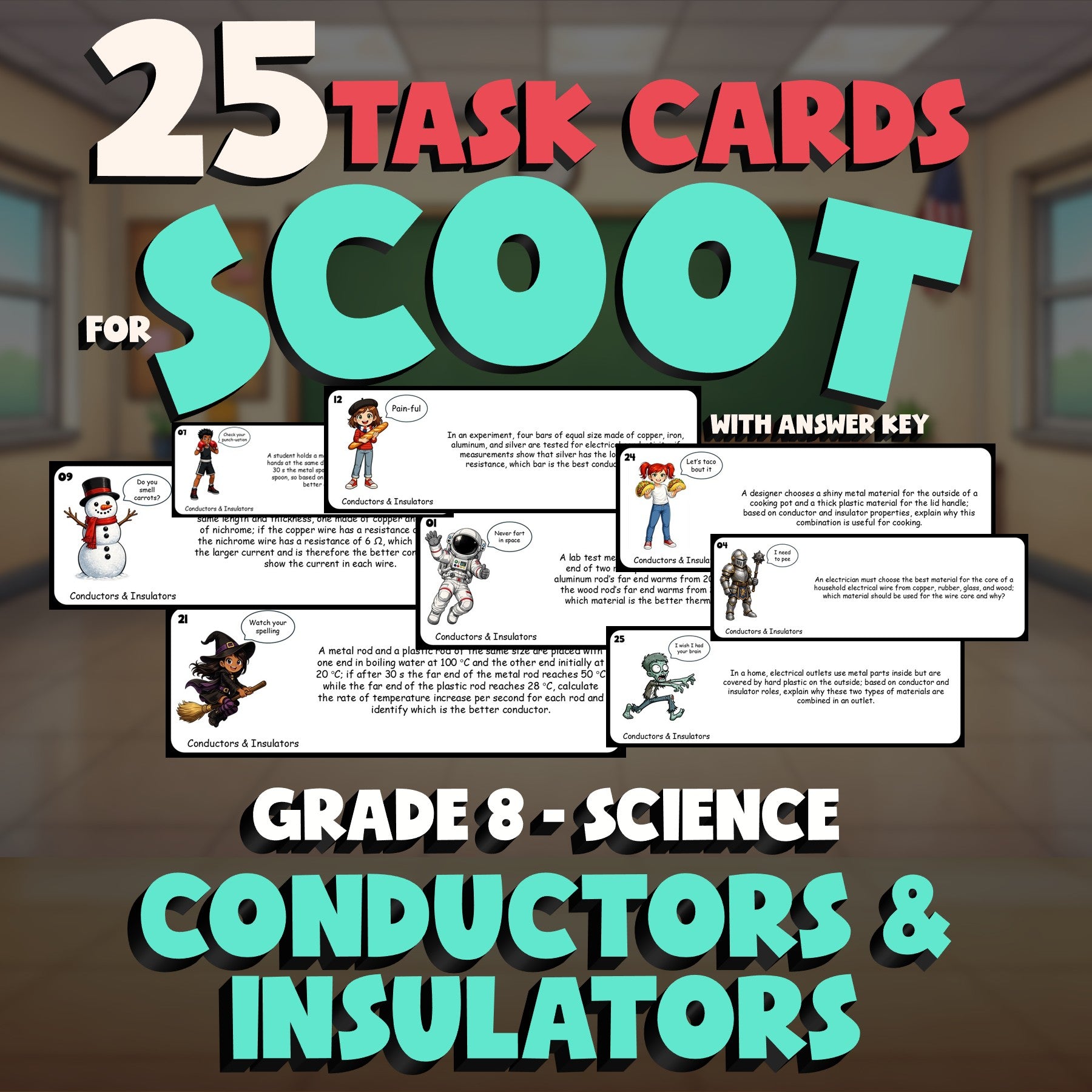 Conductors & Insulators SCOOT TASK CARDS Science Game - No Prep Grade 8 Review