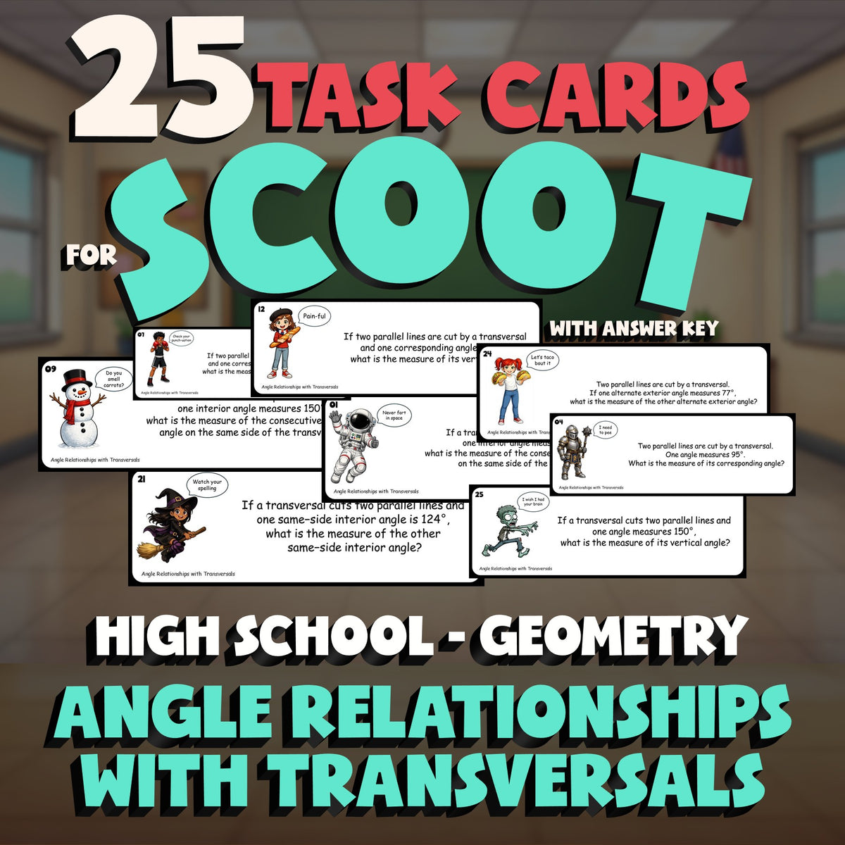 Angle Relationships with Transversals SCOOT TASK CARDS Math Game - Geometry