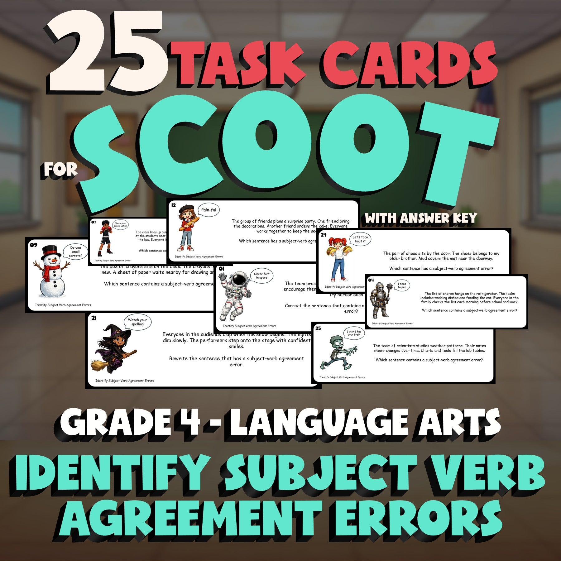 Identify Subject Verb Agreement Errors SCOOT TASK CARDS ELA Game - Grade 4
