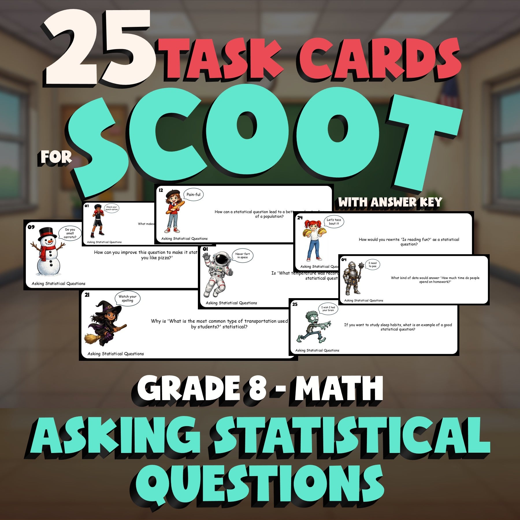 Asking Statistical Questions SCOOT TASK CARDS Math Game - No Prep Grade 8 Review