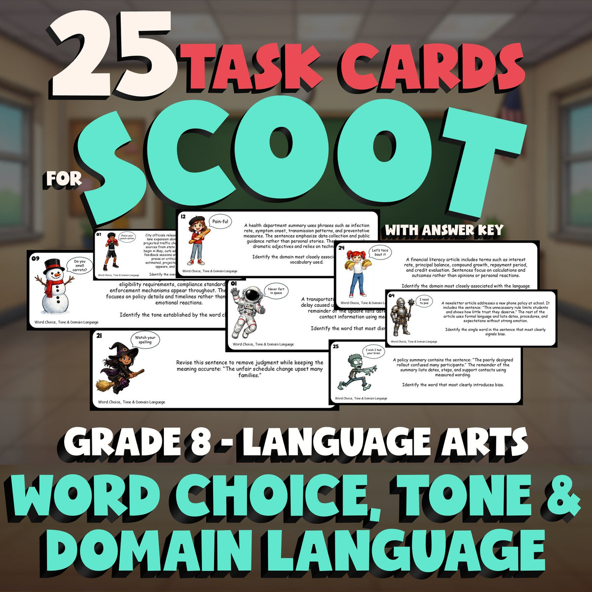 Word Choice, Tone & Domain Language SCOOT TASK CARDS ELA Game - No Prep Grade 8