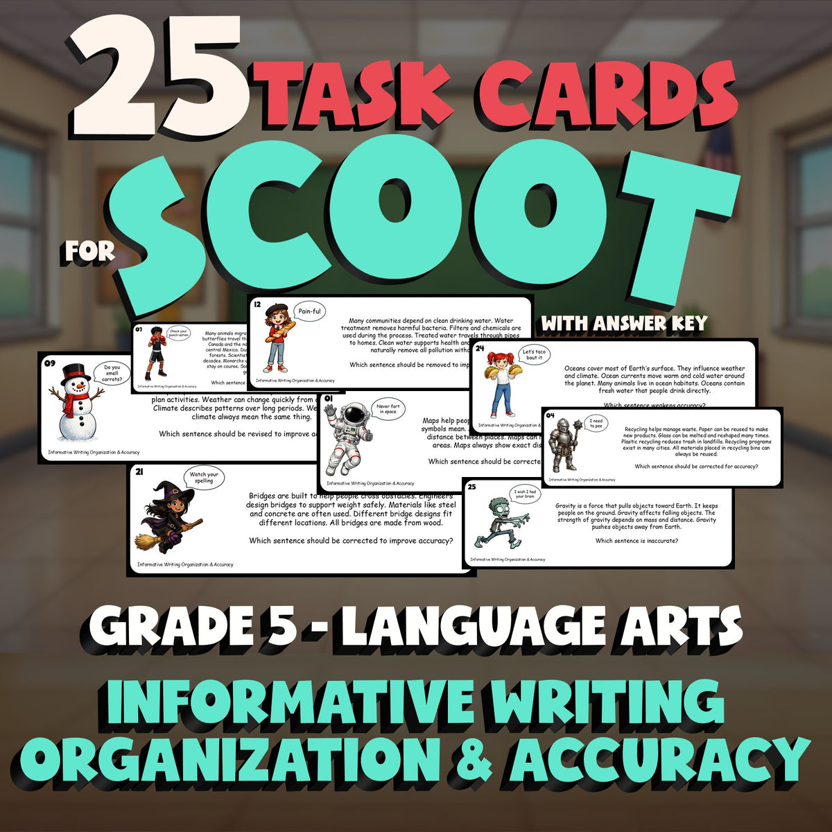 Informative Writing Organization & Accuracy SCOOT TASK CARDS ELA Game - Grade 5