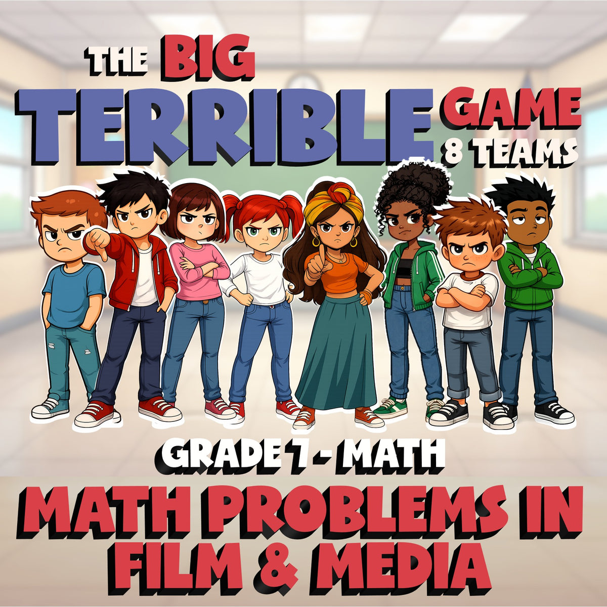Math Problems in Film & Media BIG TERRIBLE GAME - No Prep Grade 7 Math Review