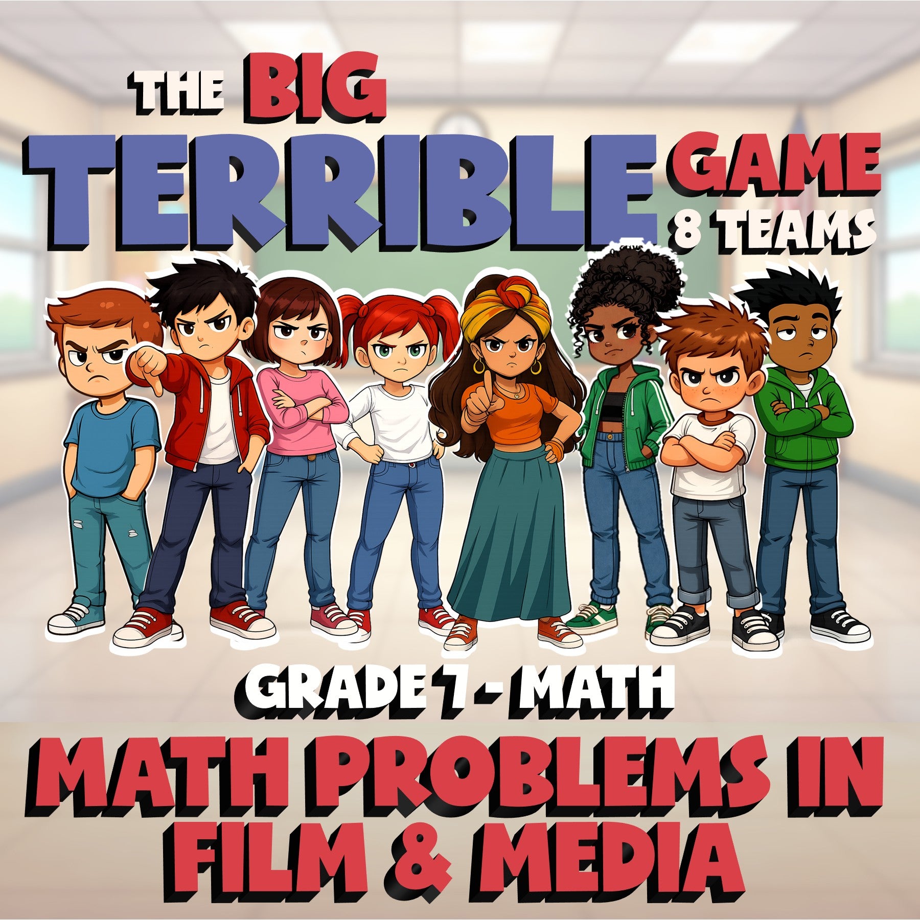 Math Problems in Film & Media BIG TERRIBLE GAME - No Prep Grade 7 Math Review