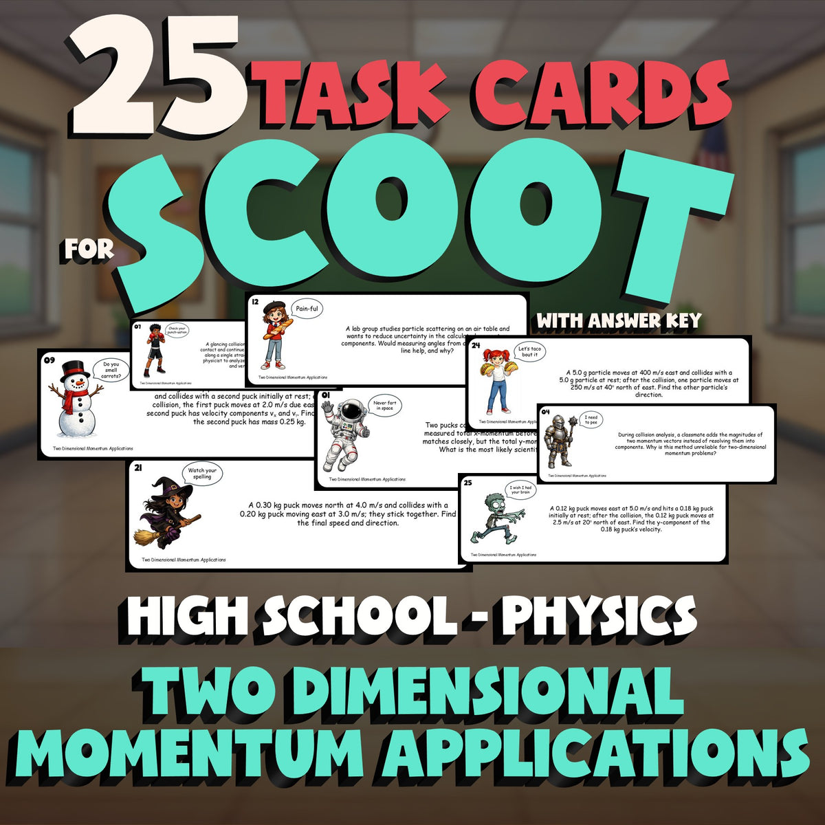 Two Dimensional Momentum Applications SCOOT TASK CARDS Science Game - Physics
