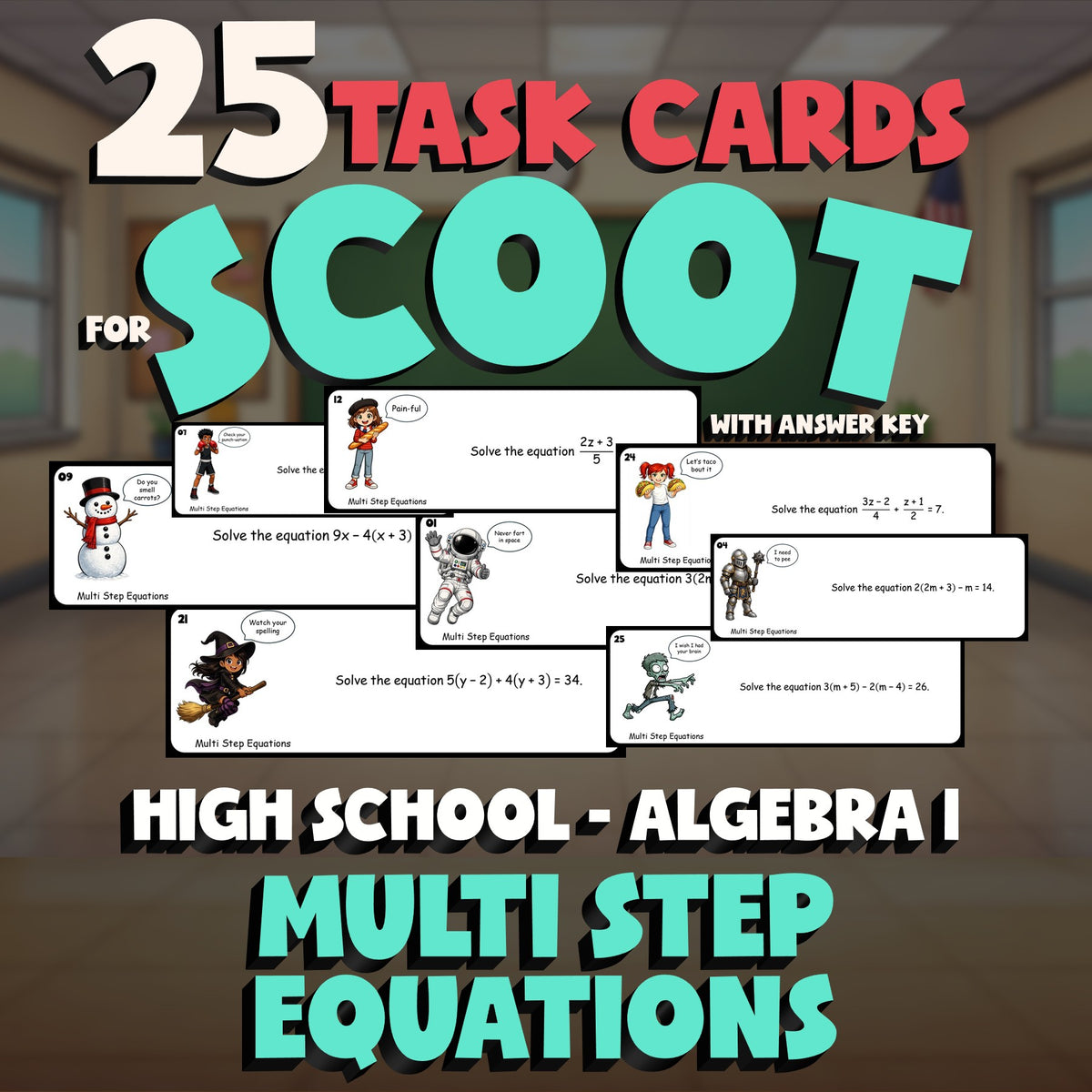 Multi Step Equations SCOOT TASK CARDS Math Game - No Prep Algebra 1 Review