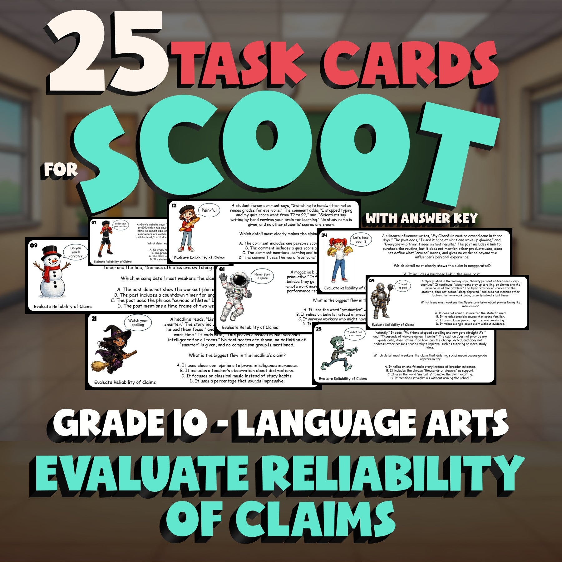 Evaluate Reliability of Claims SCOOT TASK CARDS ELA Game - No Prep Grade 10