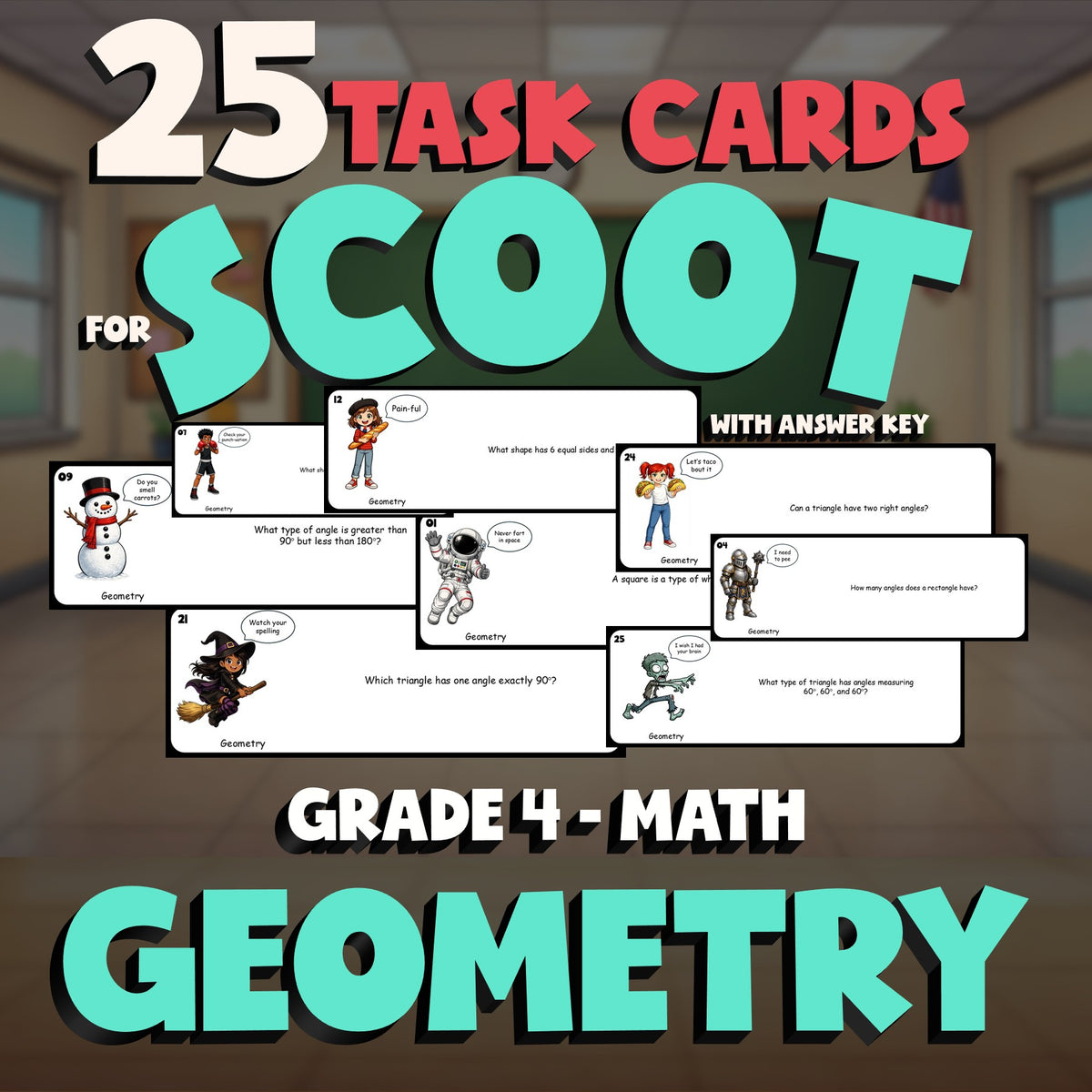 Geometry SCOOT TASK CARDS Math Game - No Prep Grade 4 Review Activity