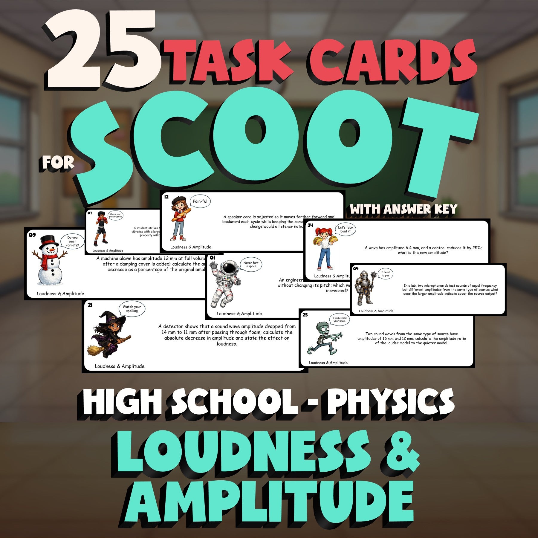 Loudness & Amplitude SCOOT TASK CARDS Science Game - No Prep Physics Review