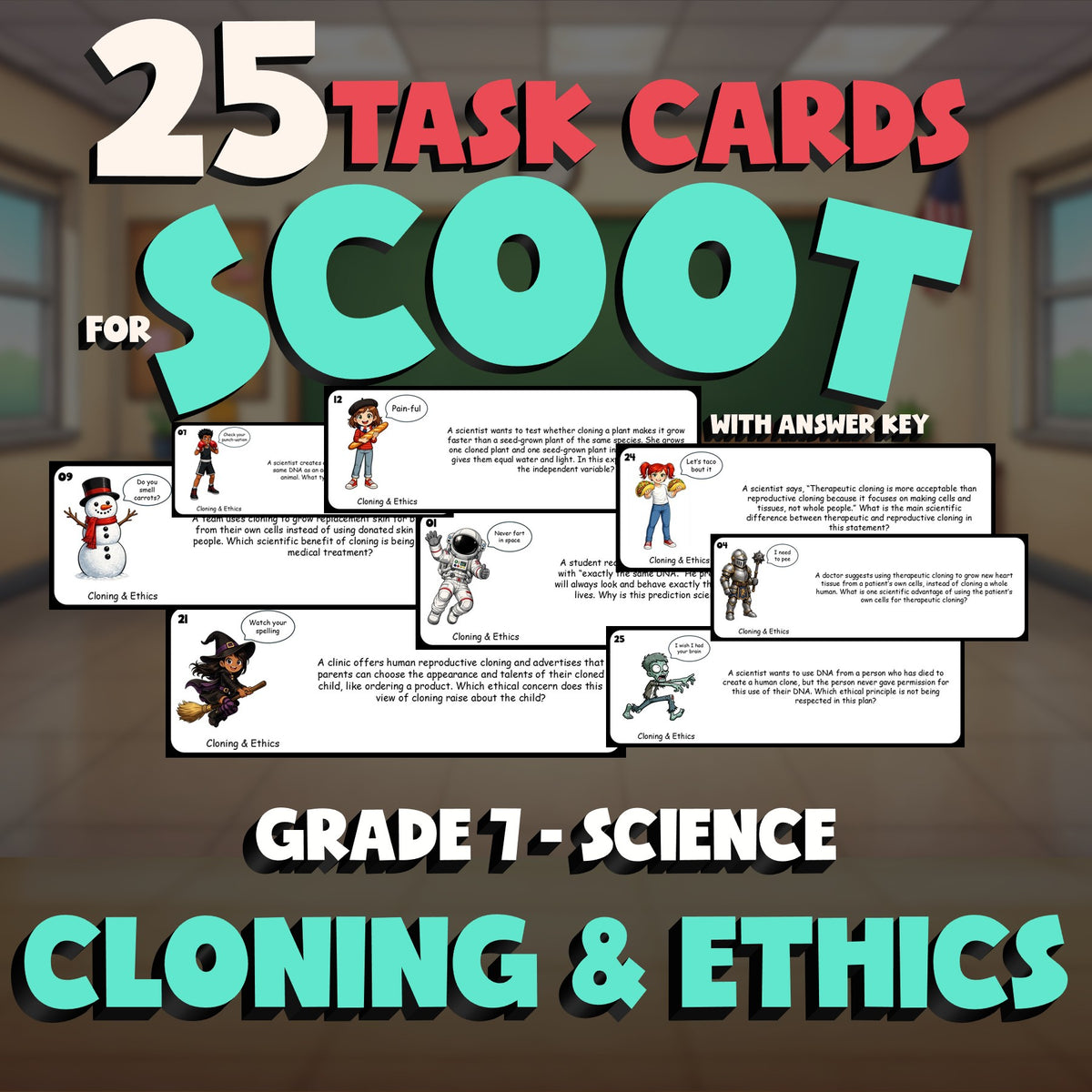 Cloning & Ethics SCOOT TASK CARDS Science Game - No Prep Grade 7 Review Activity