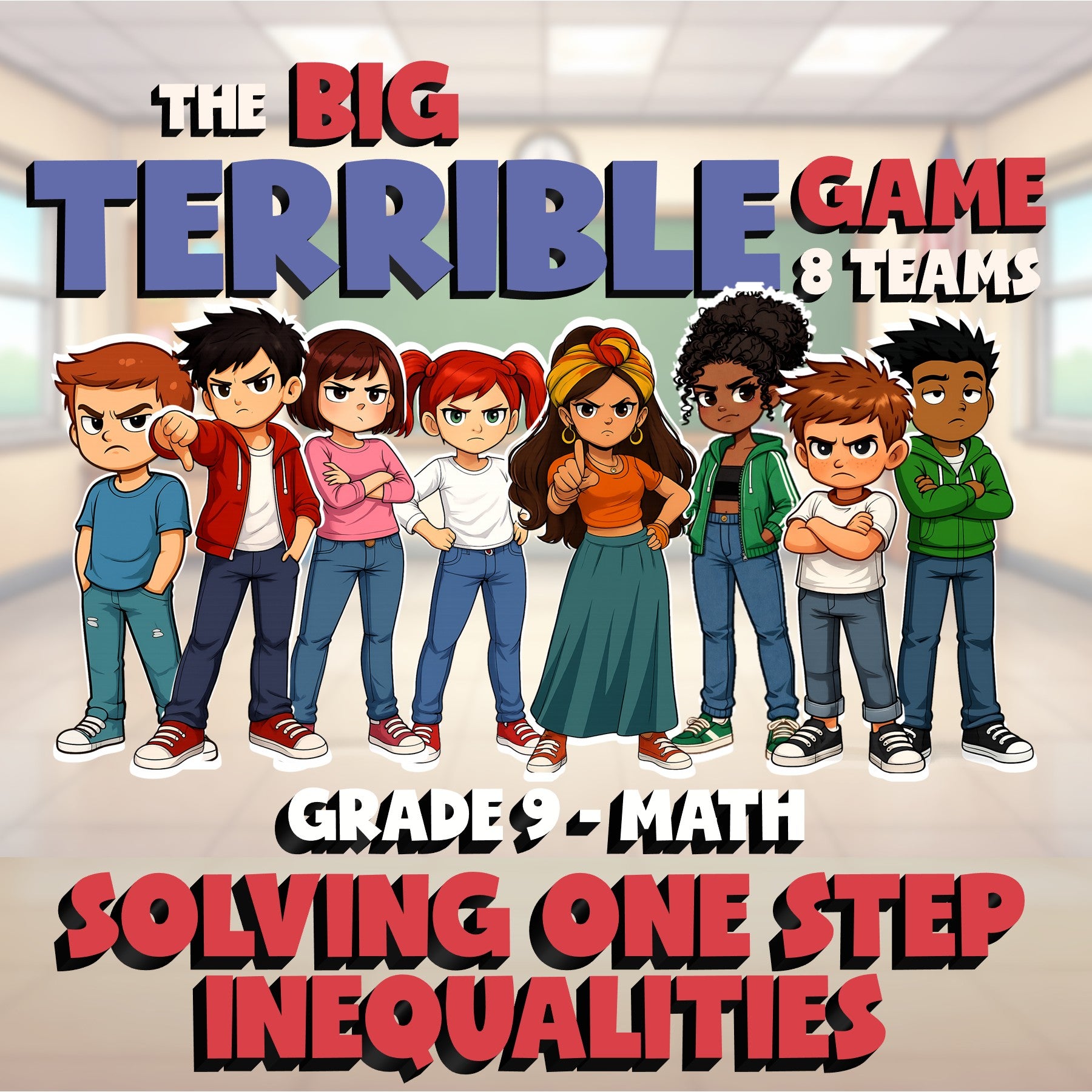 Solving One Step Inequalities BIG TERRIBLE GAME - No Prep Grade 9 Math Review