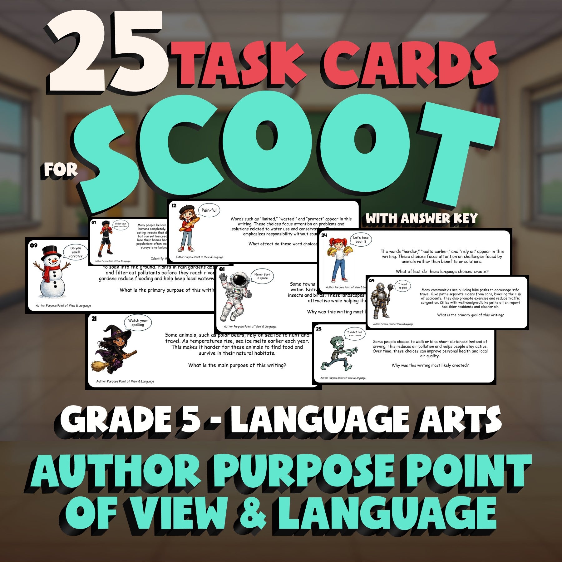Author Purpose Point of View & Language SCOOT TASK CARDS ELA Game - Grade 5