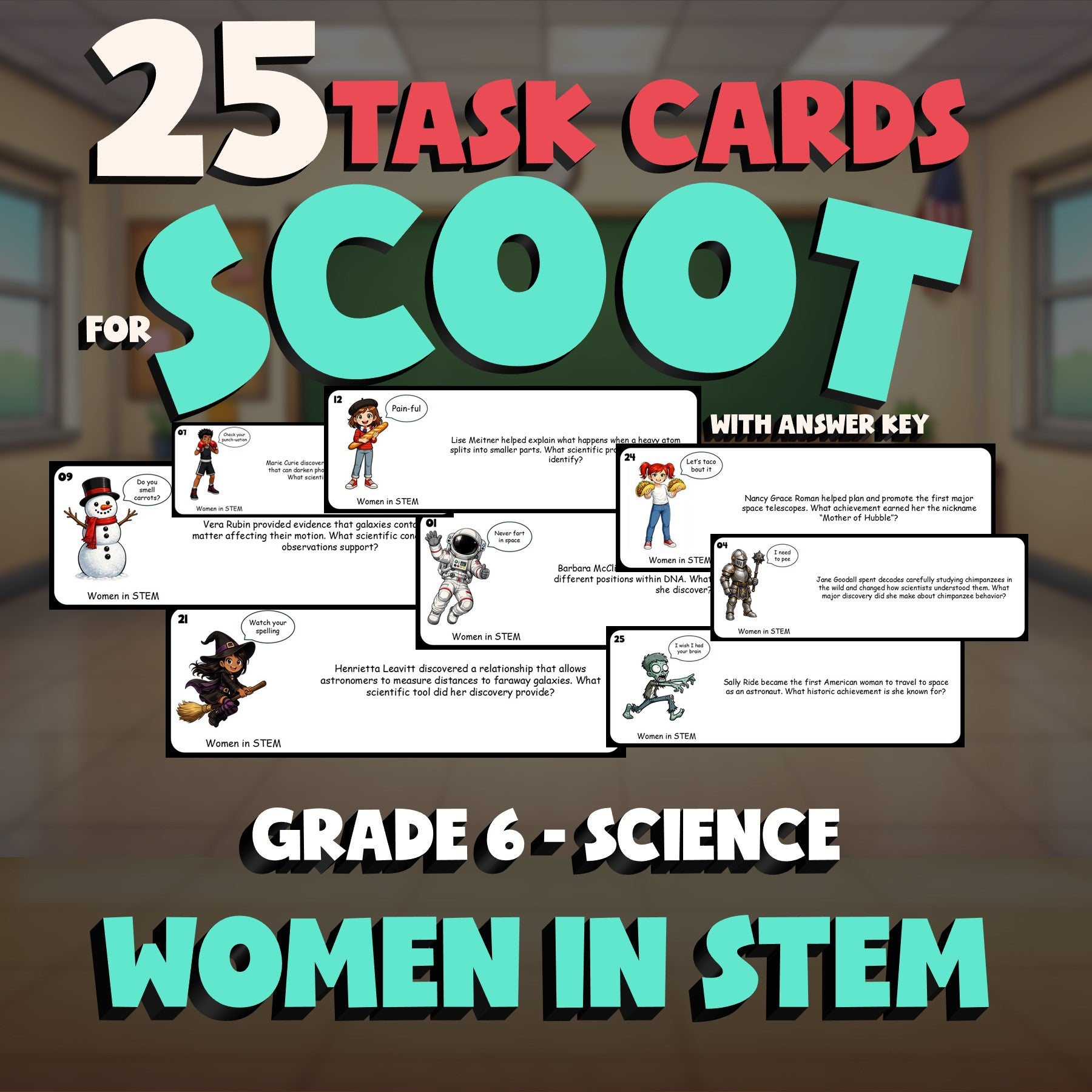 Women in STEM SCOOT TASK CARDS Science Game - No Prep Grade 6 Review Activity