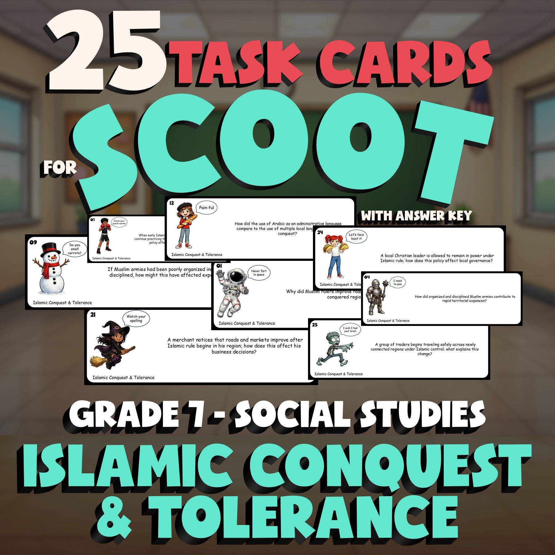 Islamic Conquest & Tolerance SCOOT TASK CARDS Socials Game - No Prep Grade 7
