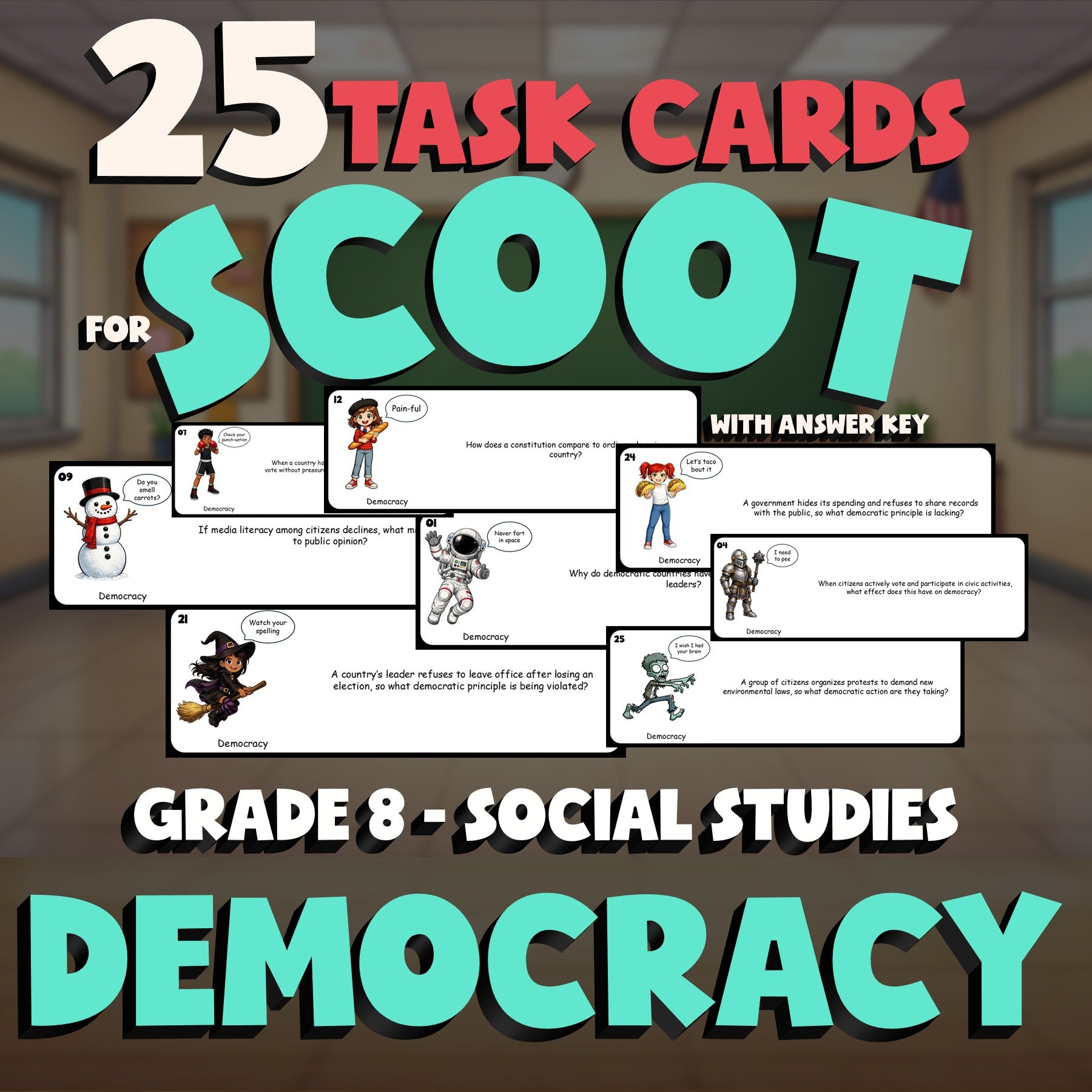 Democracy SCOOT TASK CARDS Socials Game - No Prep Grade 8 Review Activity