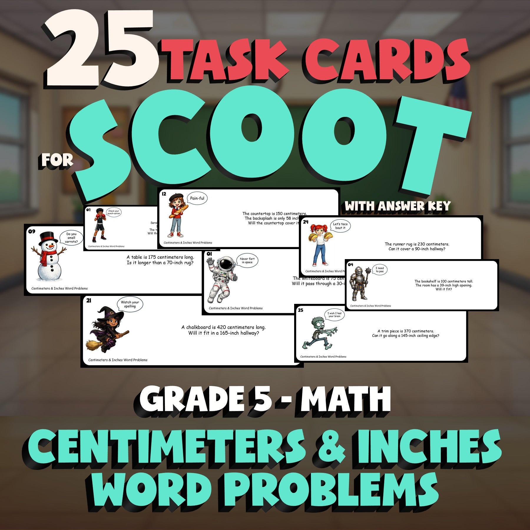 Centimeters & Inches Word Problems SCOOT TASK CARDS Math Game - No Prep Grade 5