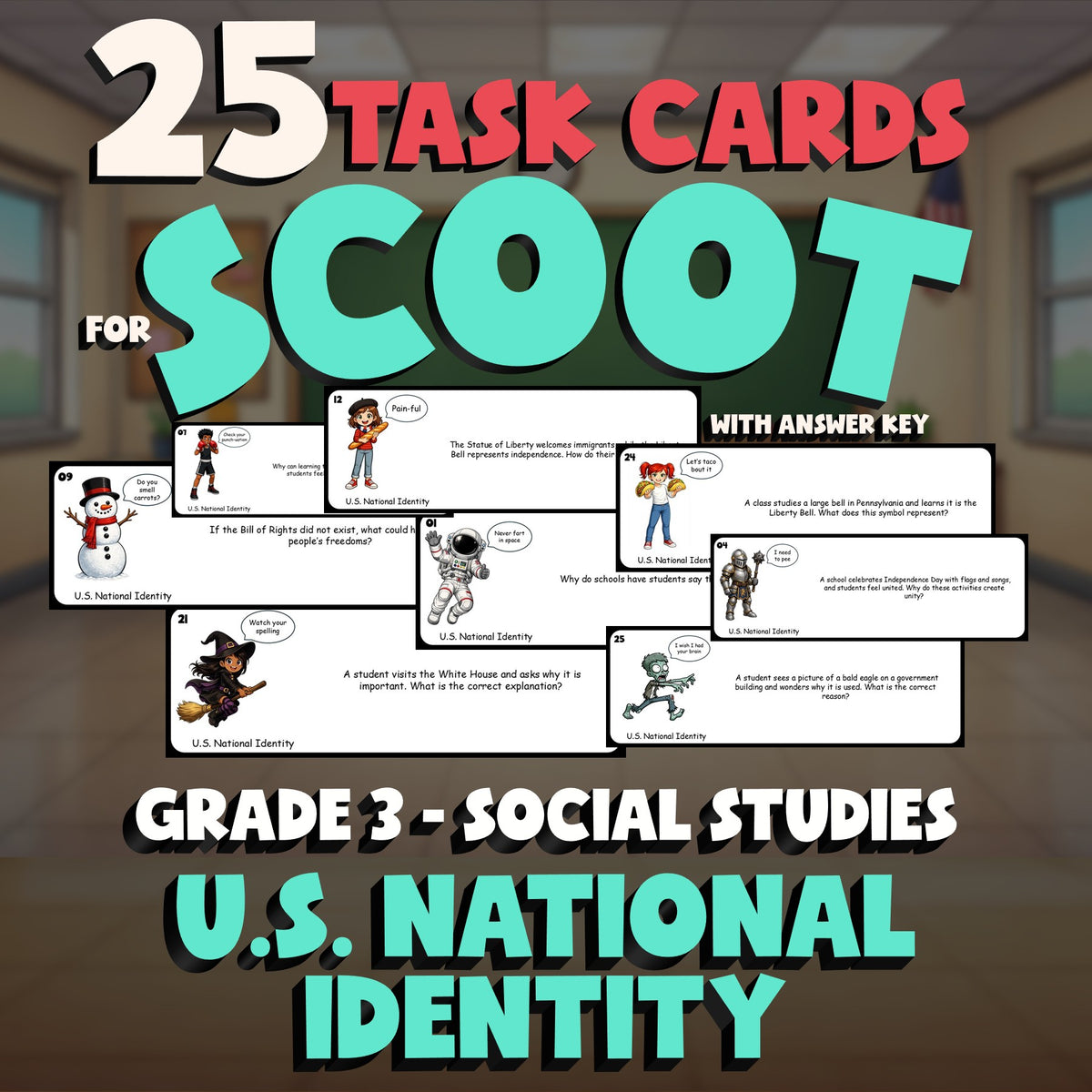 U.S. National Identity SCOOT TASK CARDS Socials Game - No Prep Grade 3 Review