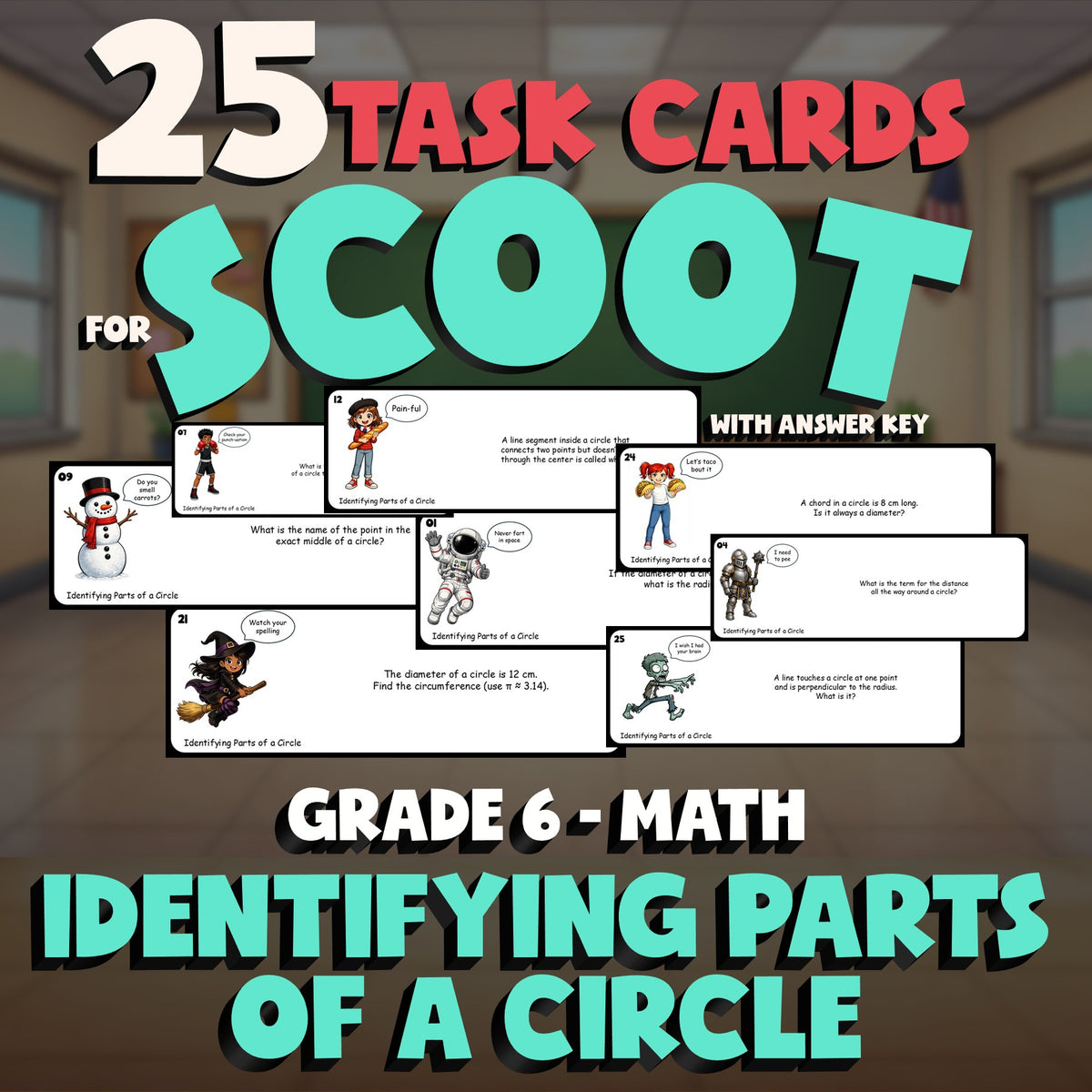 Identifying Parts of a Circle SCOOT TASK CARDS Math Game - No Prep Grade 6