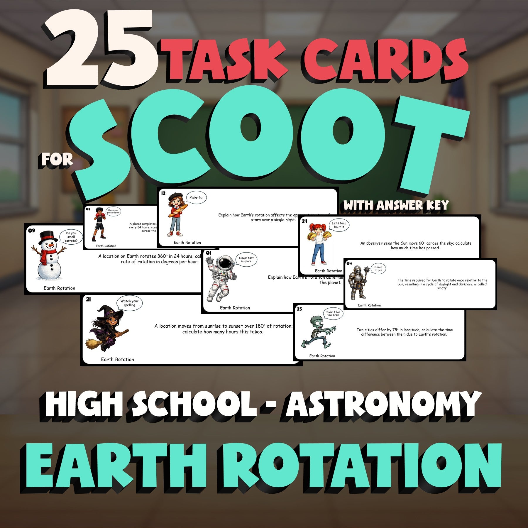 Earth Rotation SCOOT TASK CARDS Science Game - No Prep Astronomy Review Activity