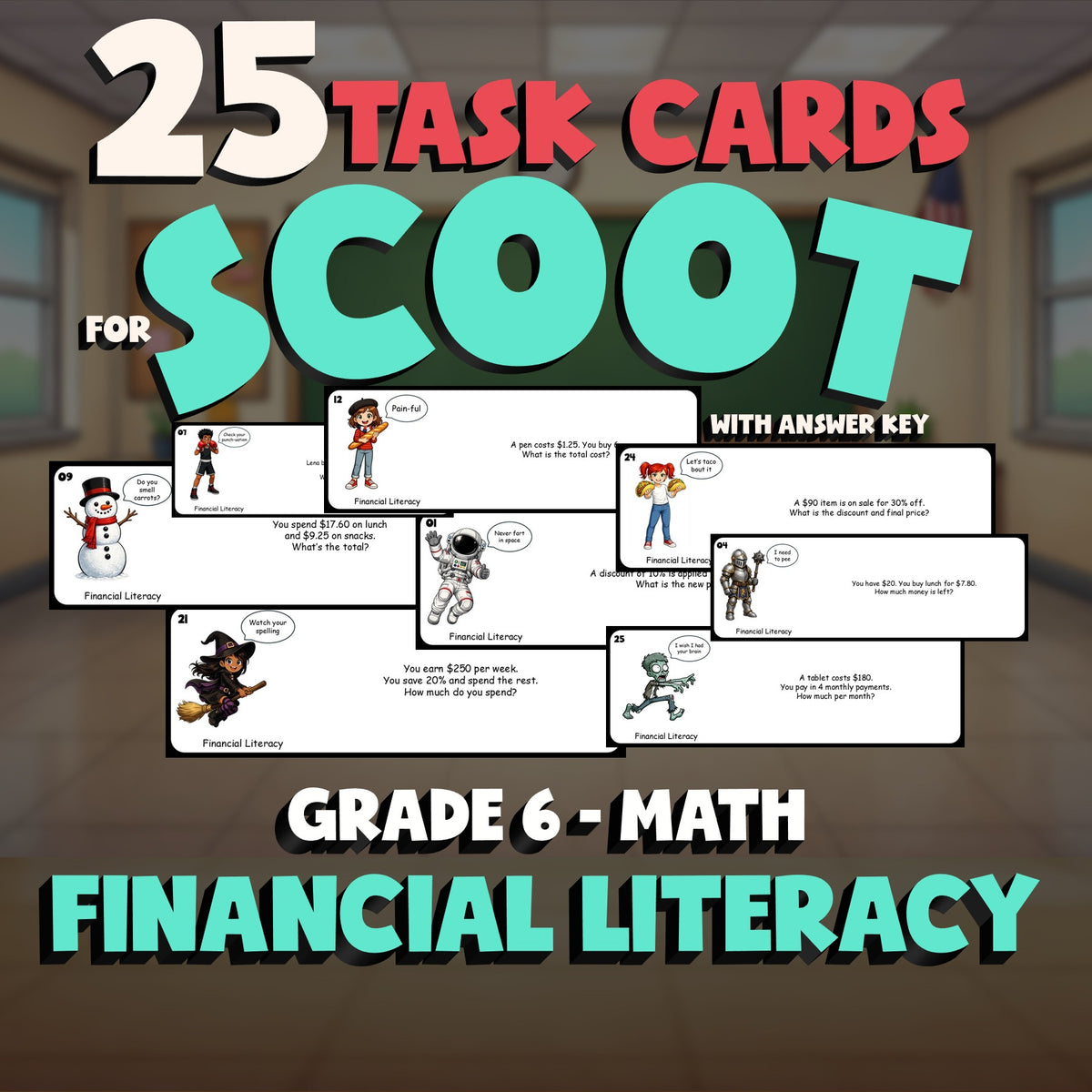 Financial Literacy SCOOT TASK CARDS Math Game - No Prep Grade 6 Review Activity
