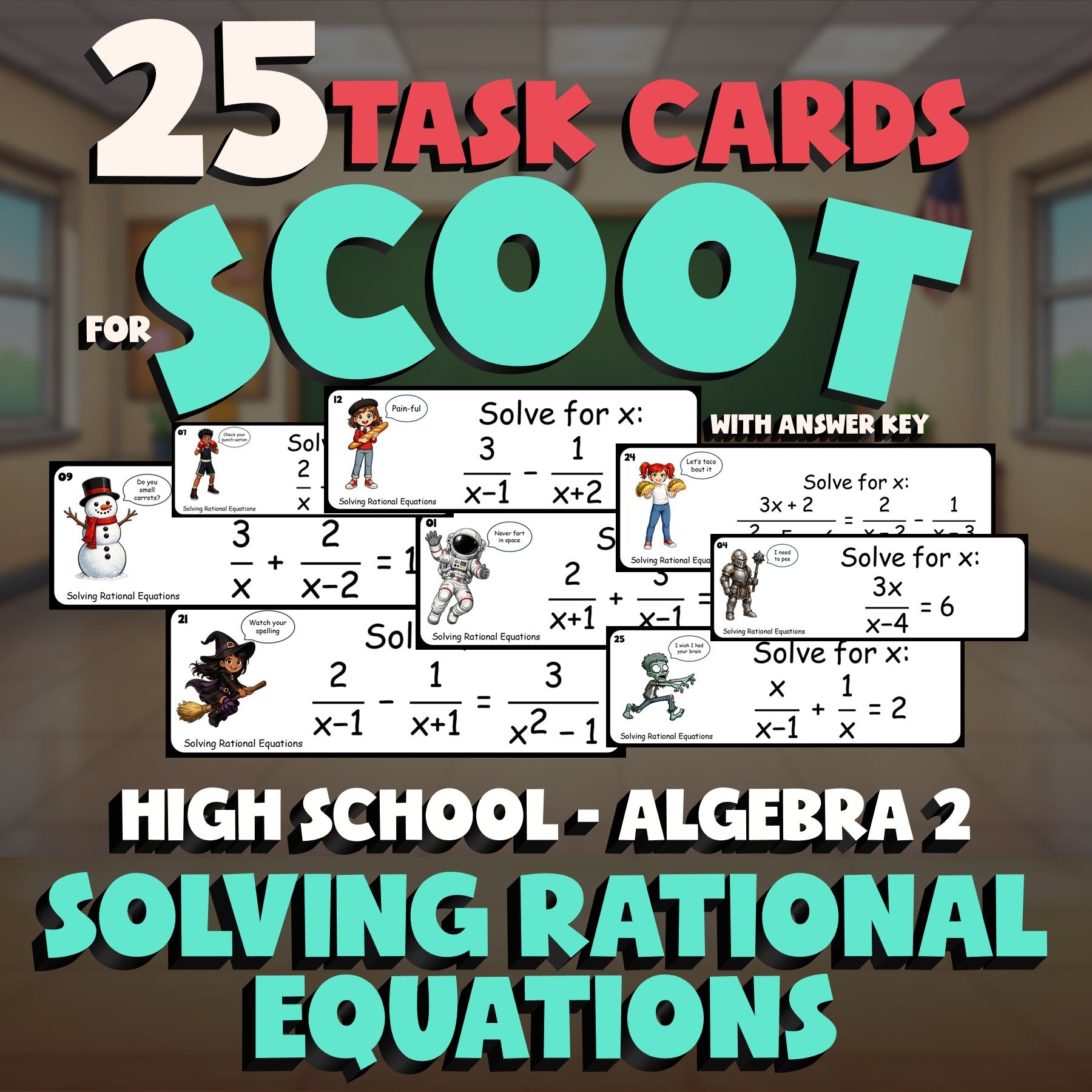 Solving Rational Equations SCOOT TASK CARDS Math Game - No Prep Algebra 2 Review