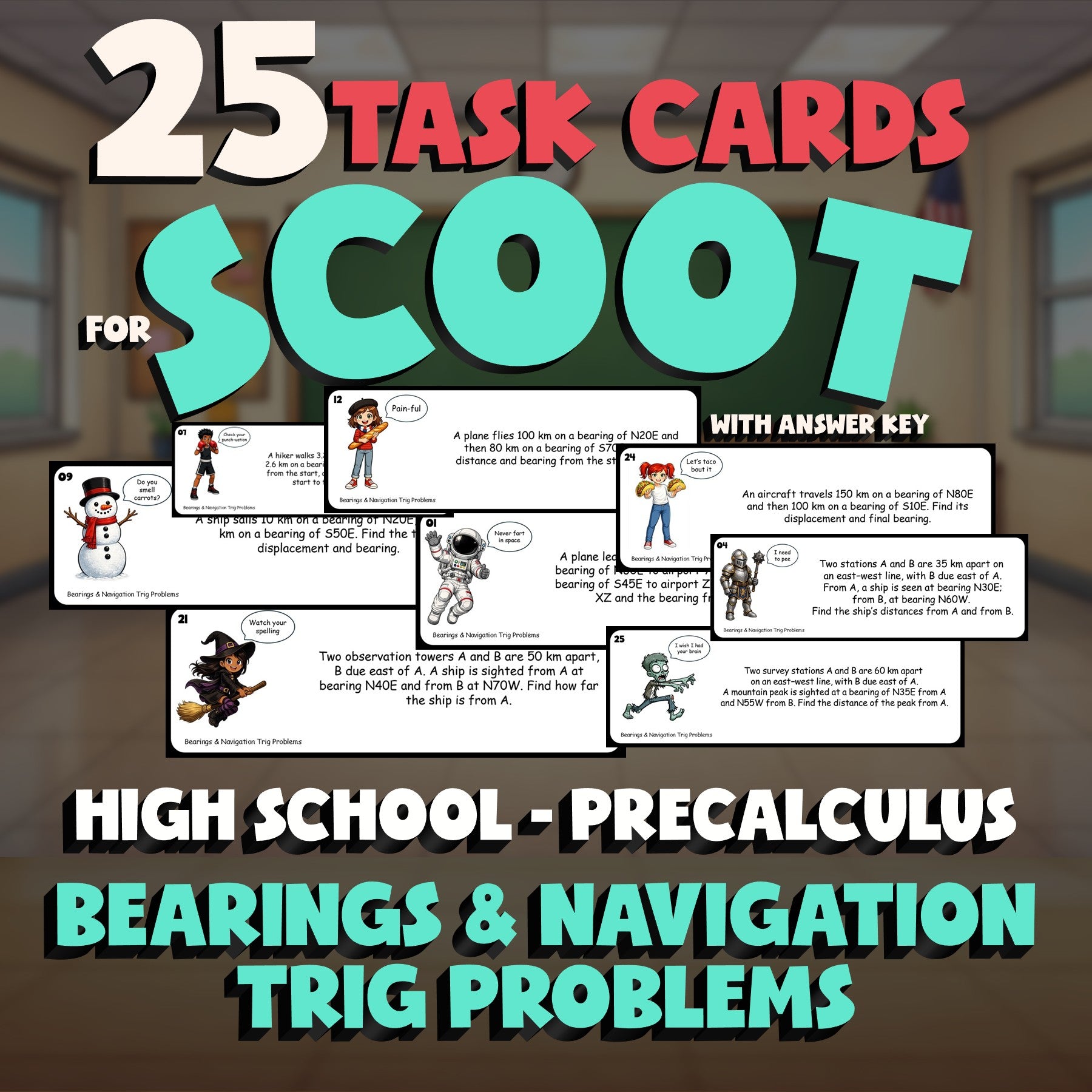 Bearings & Navigation Trig Problems SCOOT TASK CARDS Math Game - PreCalculus