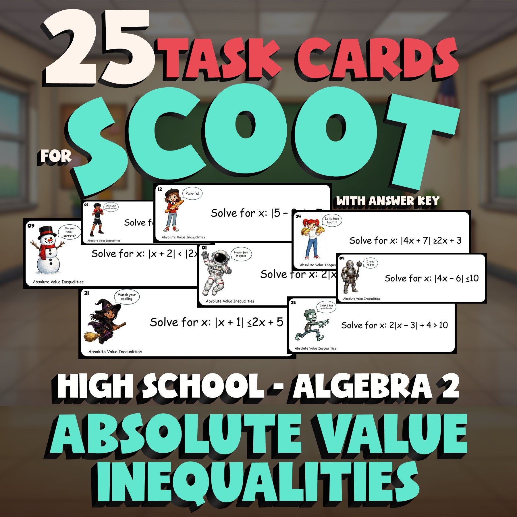 Absolute Value Inequalities SCOOT TASK CARDS Math Game - No Prep Algebra 2
