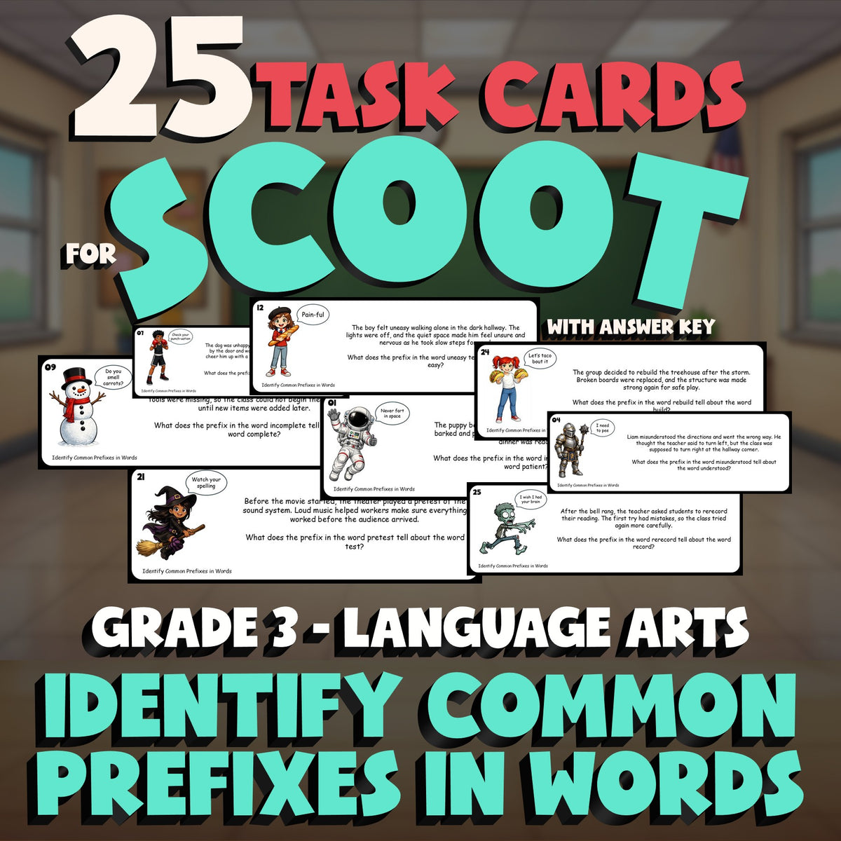 Identify Common Prefixes in Words SCOOT TASK CARDS ELA Game - No Prep Grade 3