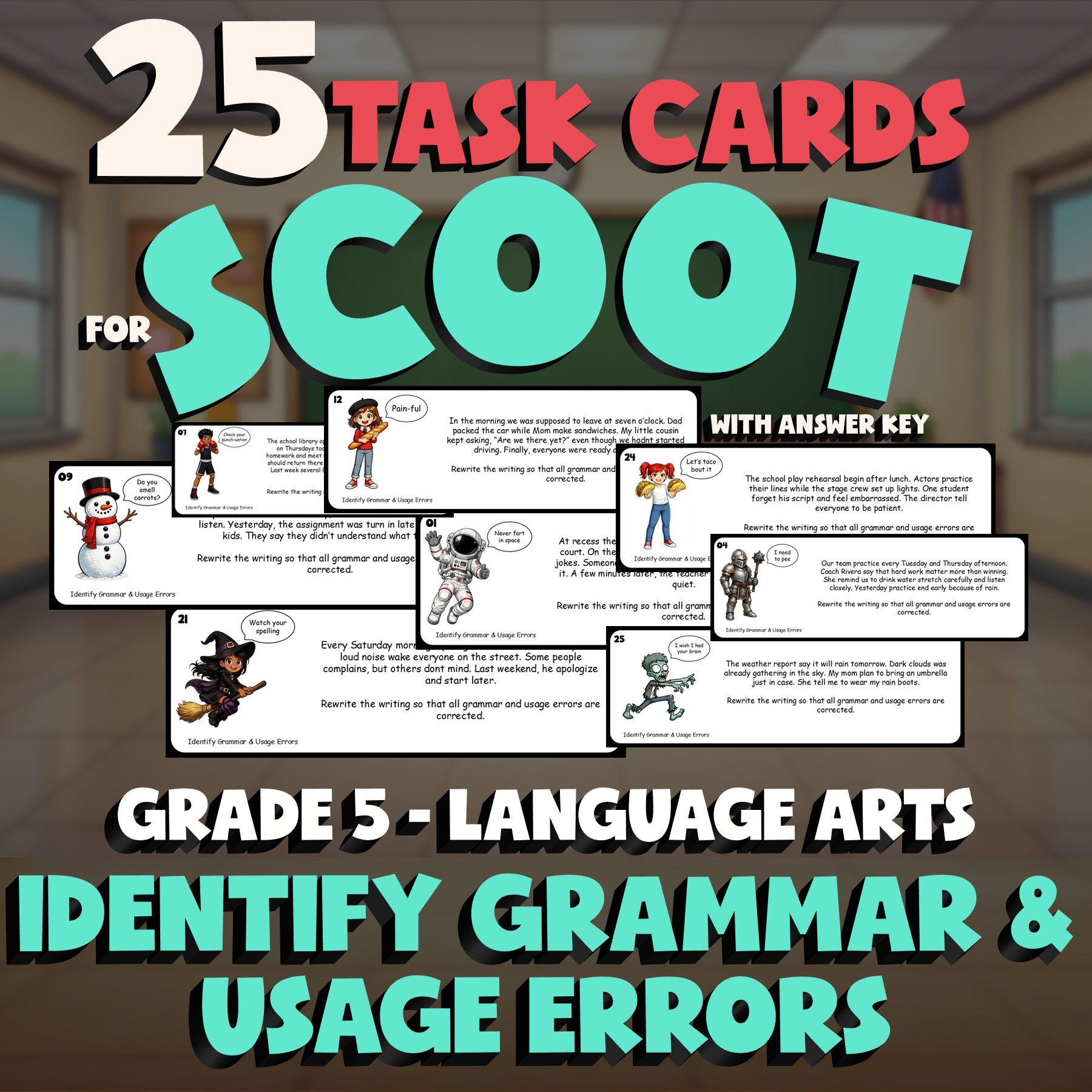 Identify Grammar & Usage Errors SCOOT TASK CARDS ELA Game - No Prep Grade 5